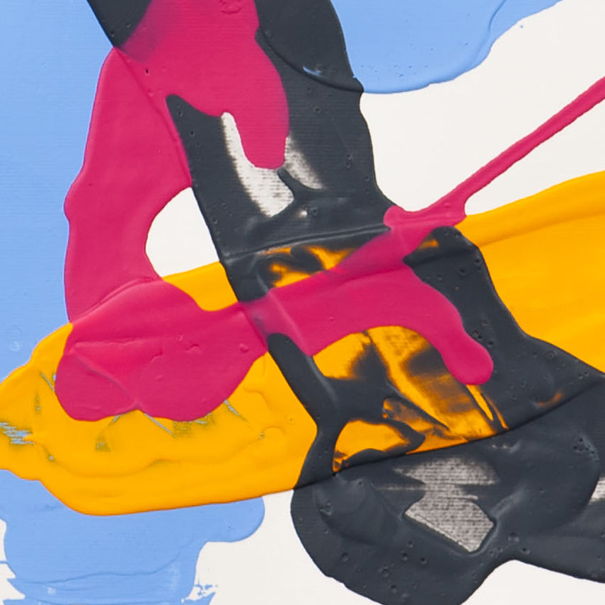 Detail of abstract painting on Fabriano Pittura paper featuring pink paint layered across black and yellow forms with visible texture