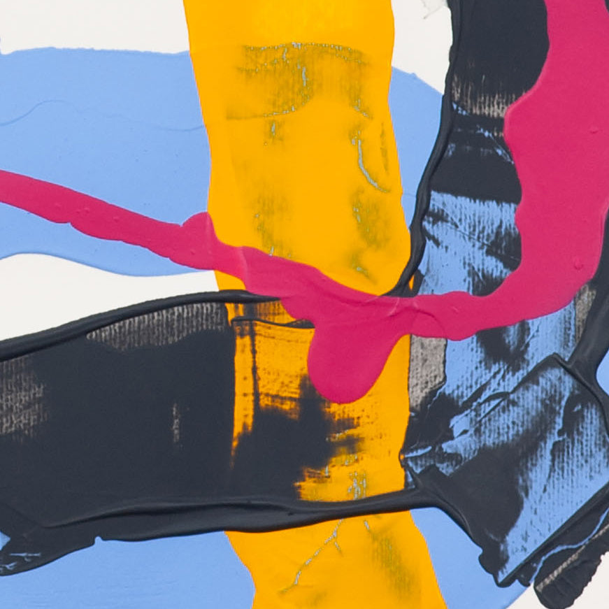 Close-up of abstract painting on 400gsm Fabriano paper with pink line crossing yellow form over soft blue ground