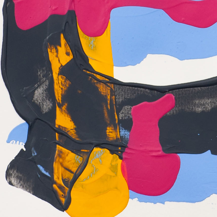 Detail of abstract painting on 400gsm paper featuring layered black, yellow, and pink paint with textured surface