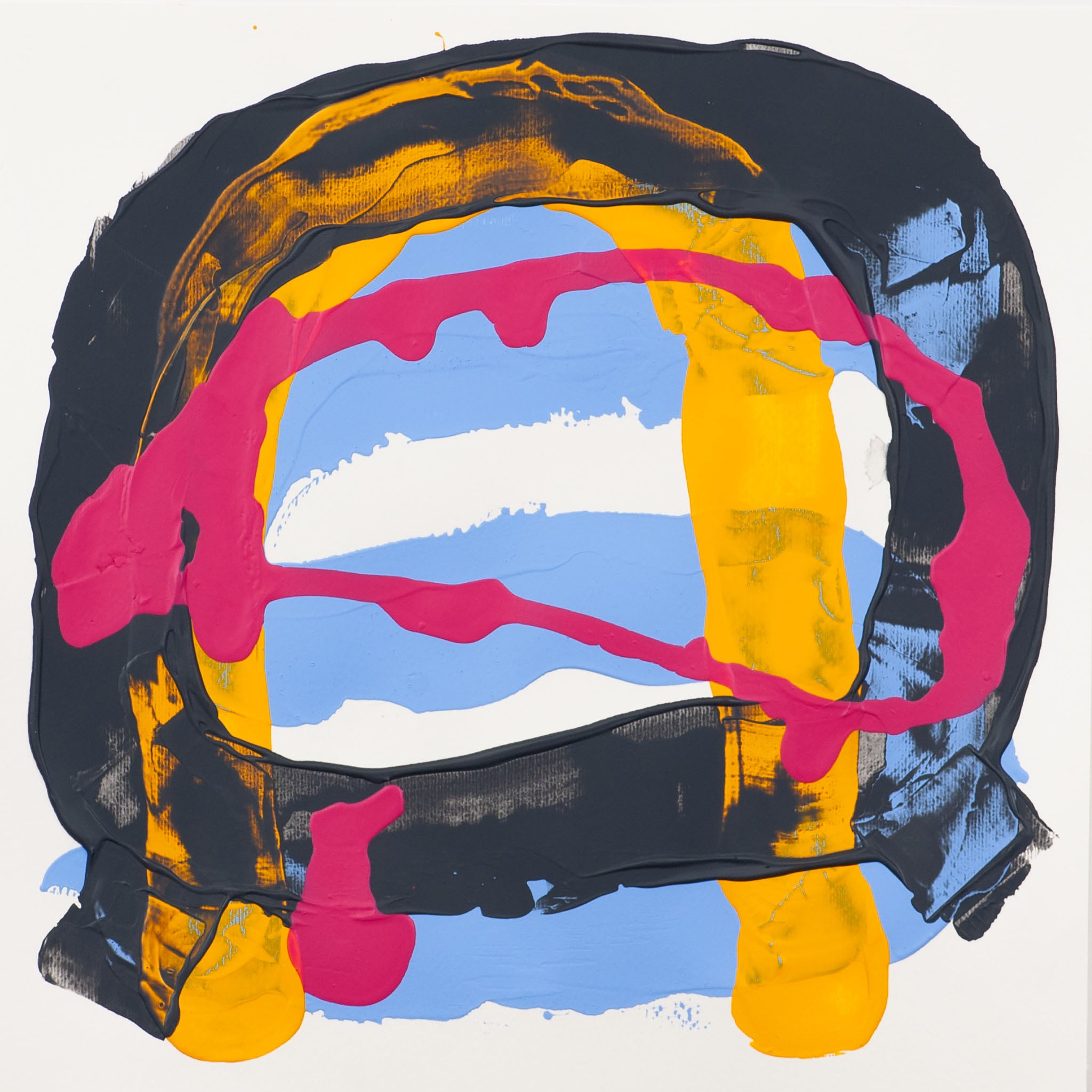 Abstract painting on 400gsm Fabriano Pittura paper with bold black gestural forms layered over blue, yellow, and pink shapes on a white background