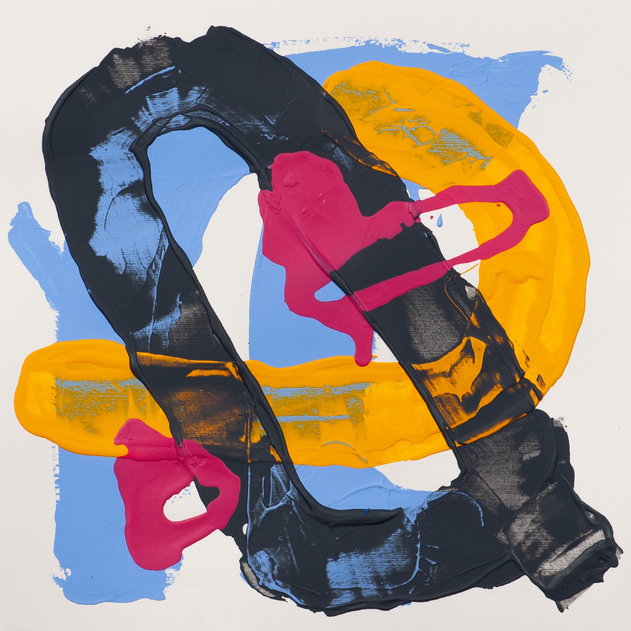 Abstract painting on 400gsm Fabriano Pittura paper with bold black gestural arc layered over blue ground with yellow and pink forms on a white background