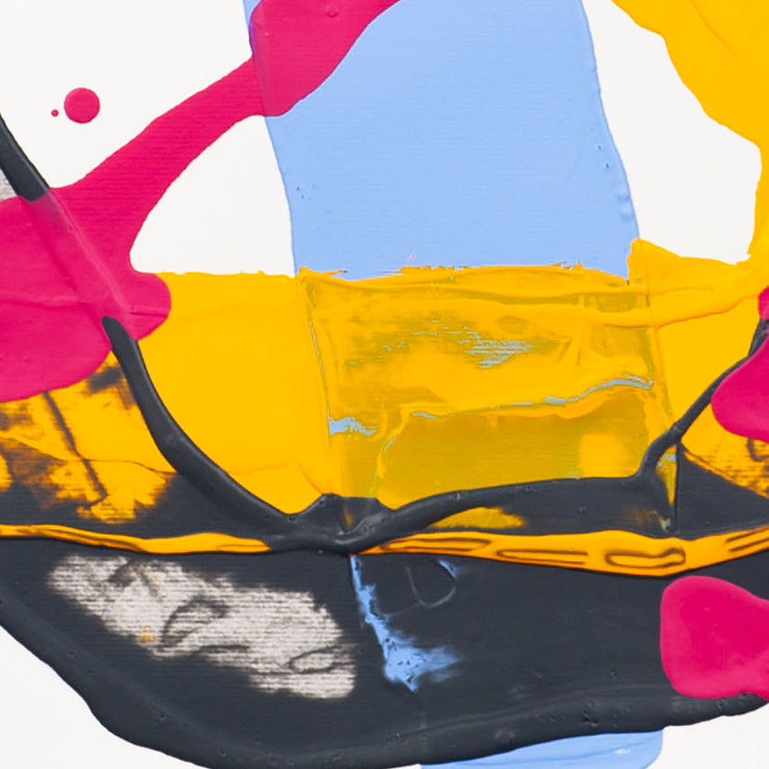 Detail of abstract painting on 400gsm paper showing thick yellow paint layered over black form with visible texture