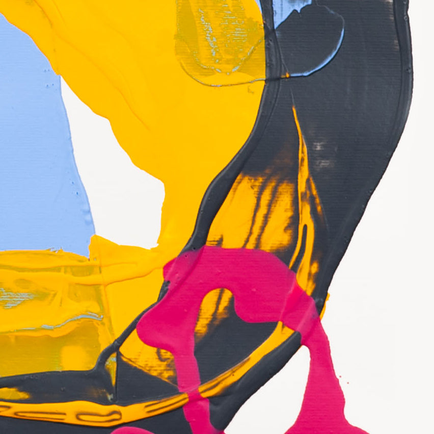 Close-up of abstract painting on 400gsm Fabriano paper featuring pink paint over black and yellow forms with blue ground