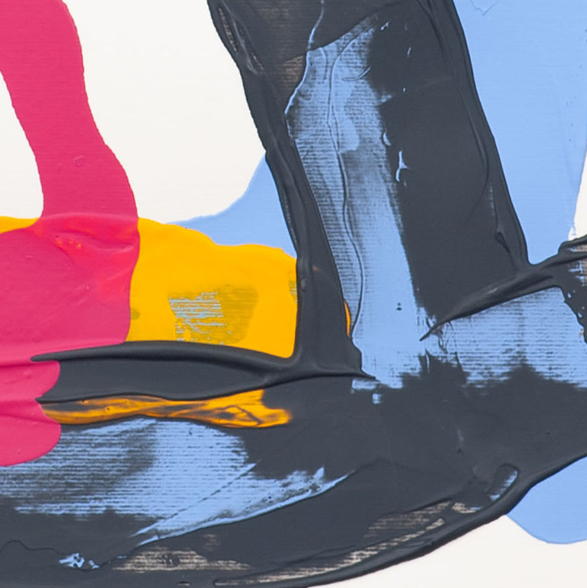 Detail of abstract painting on 400gsm paper showing thick black paint intersecting yellow band with visible texture