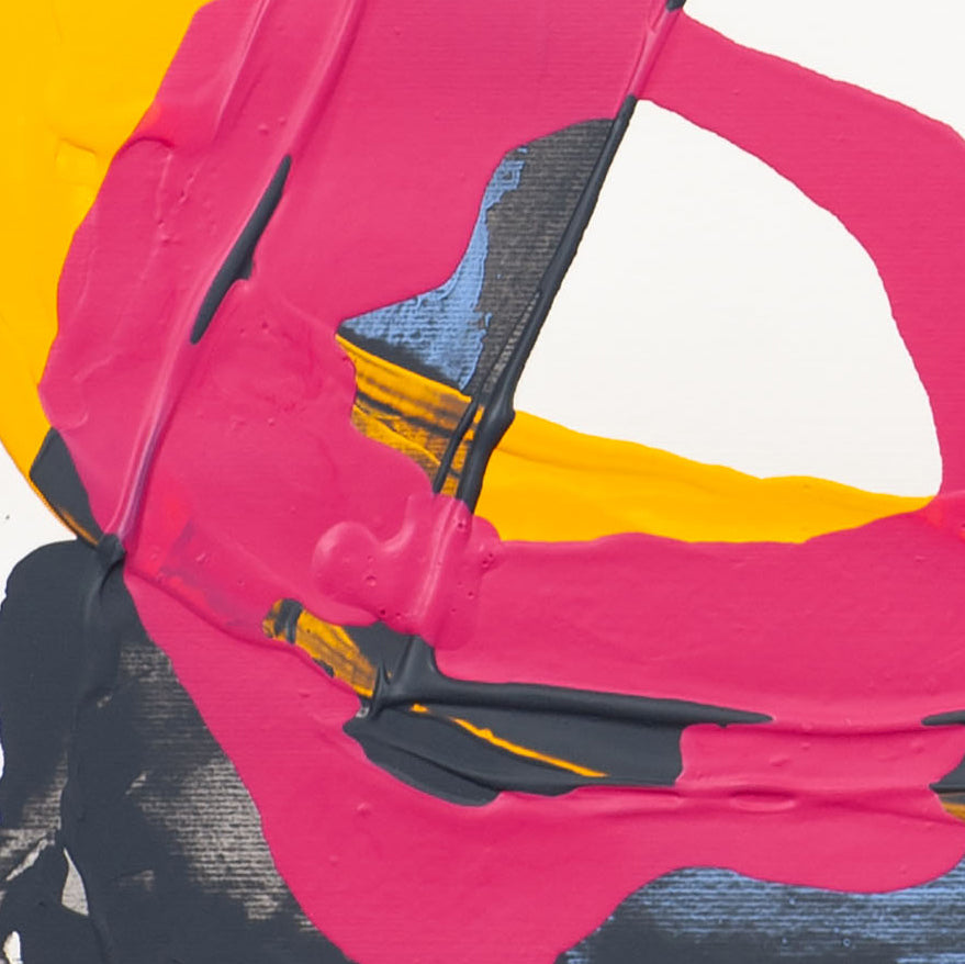 Close-up of abstract painting on 400gsm Fabriano paper featuring pink paint layered over black and yellow forms with blue ground