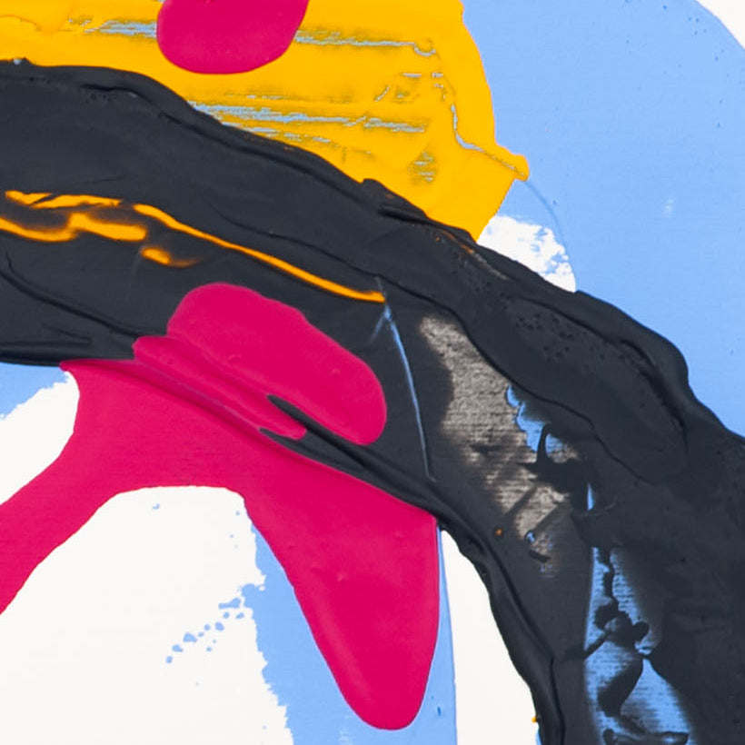 Close-up of abstract painting on 400gsm Fabriano paper featuring pink paint crossing black curved form over blue ground