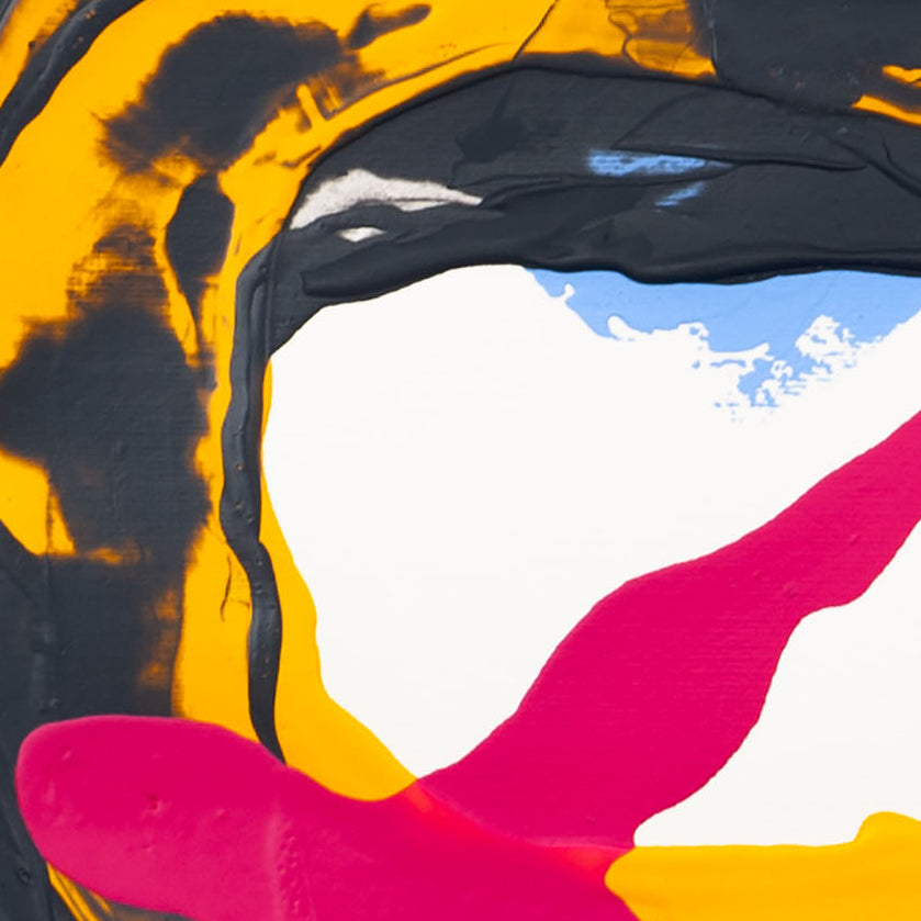 Detail of abstract painting on 400gsm paper with black circular form layered over yellow band with visible surface texture