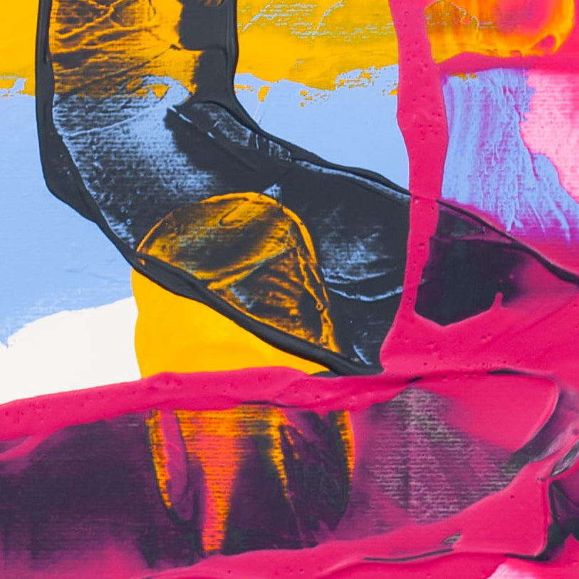 Detail of abstract painting on 400gsm paper showing black curved form intersecting yellow band with visible texture