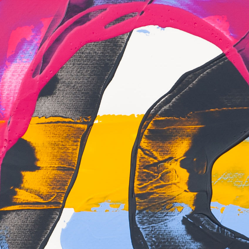 Close-up of abstract painting on 400gsm Fabriano paper featuring black angular form layered over yellow band beneath pink paint