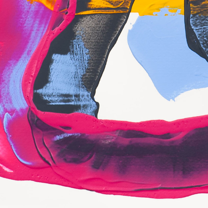 Detail of abstract painting on 400gsm paper with pink paint forming curved edge over black and blue areas with visible surface texture