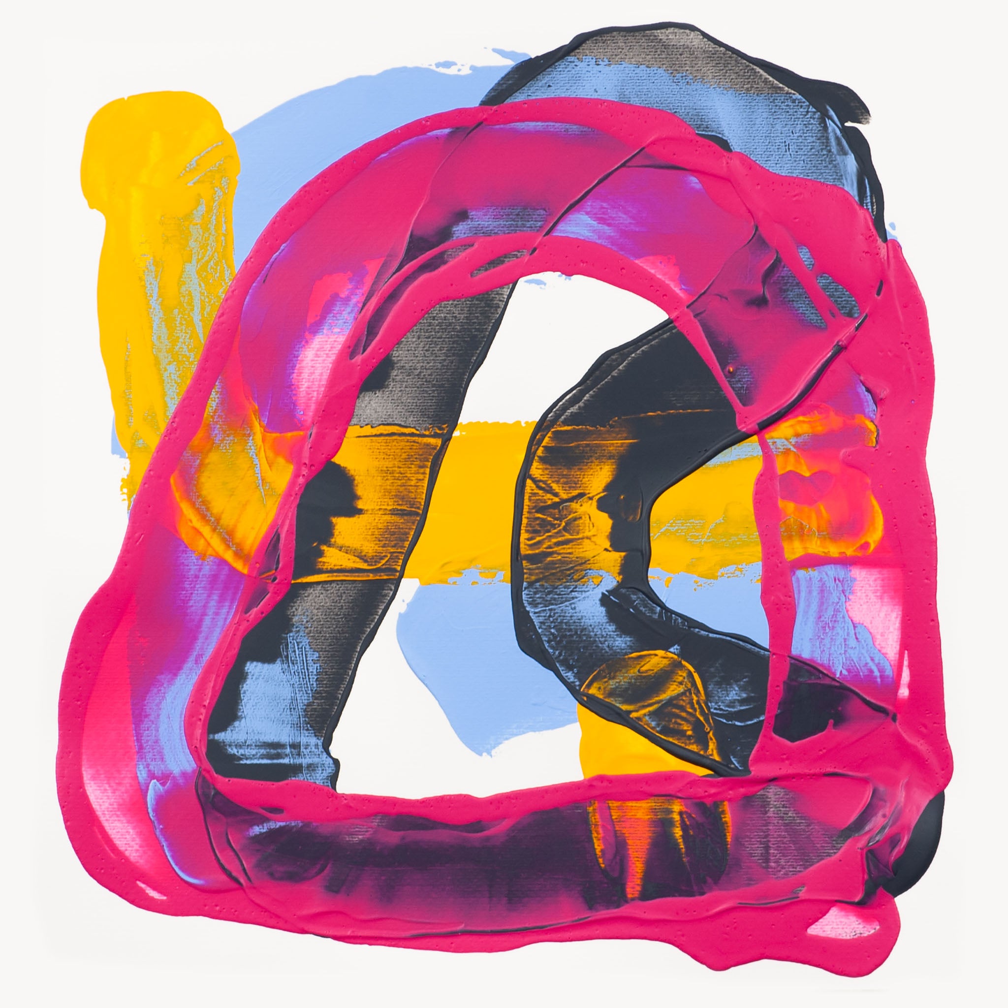 Abstract painting on 400gsm Fabriano Pittura paper with pink circular form surrounding angular black structure over yellow band with blue ground on a white background