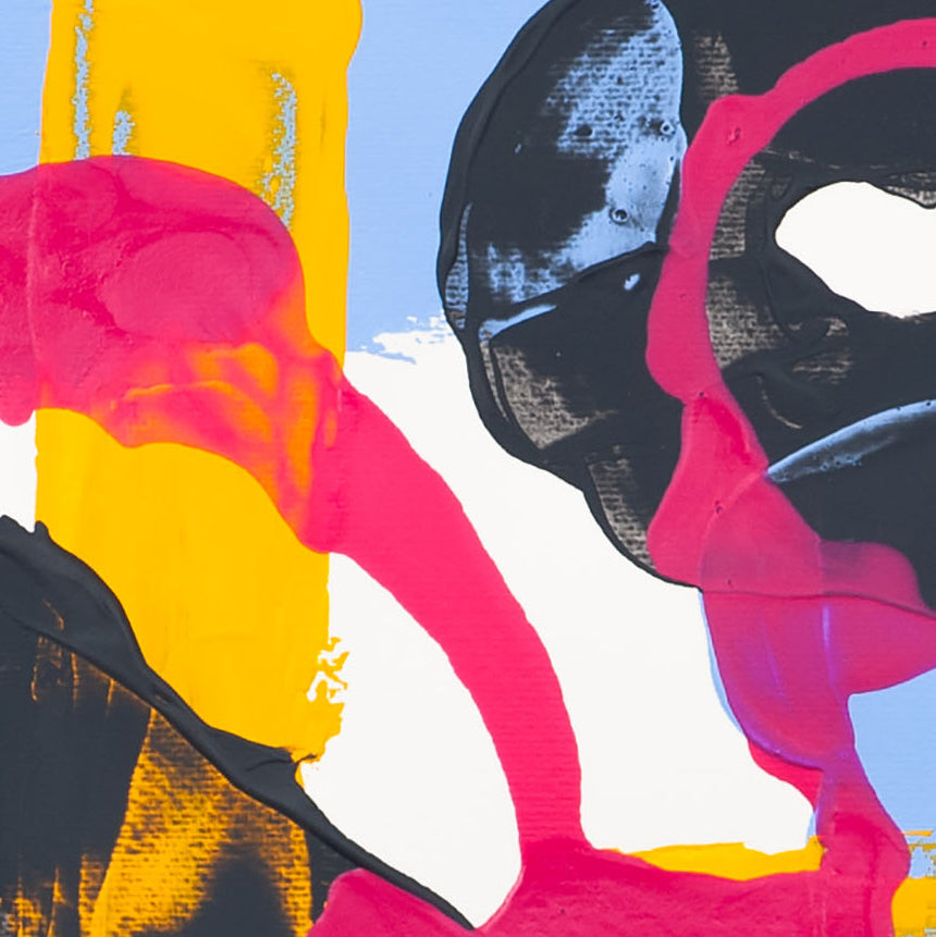 Close-up of abstract painting on 400gsm Fabriano paper with pink line intersecting a black circular form and yellow vertical band