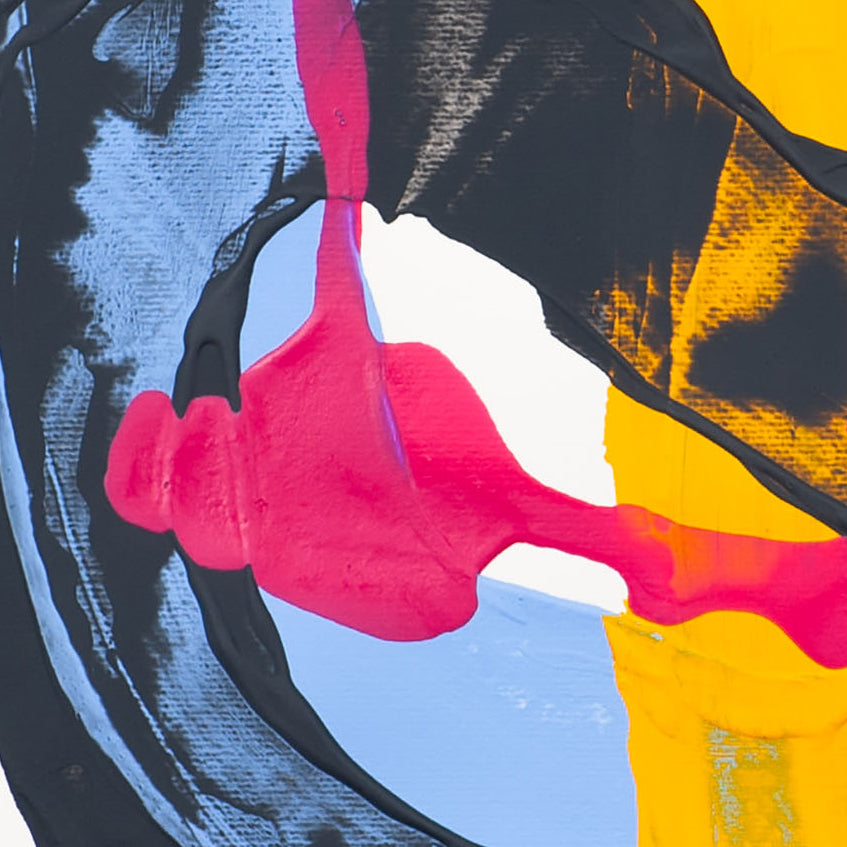 Detail of abstract painting on 400gsm paper showing pink paint layered over curved black stroke with yellow and blue areas beneath