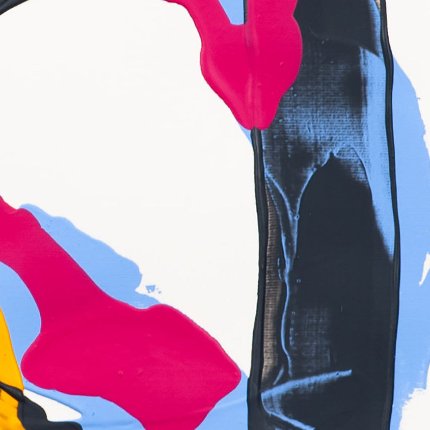 Close-up of abstract painting on 400gsm Fabriano paper with pink paint over a black vertical form and white negative space