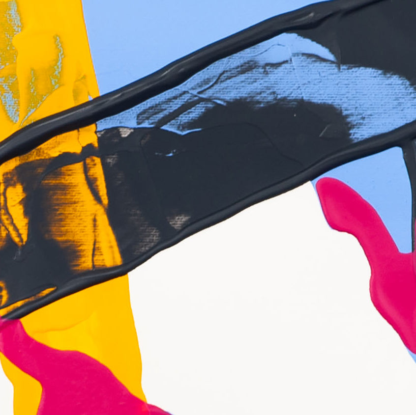 Detail of abstract painting on 400gsm paper showing black sweeping stroke with yellow and blue layers and pink accents