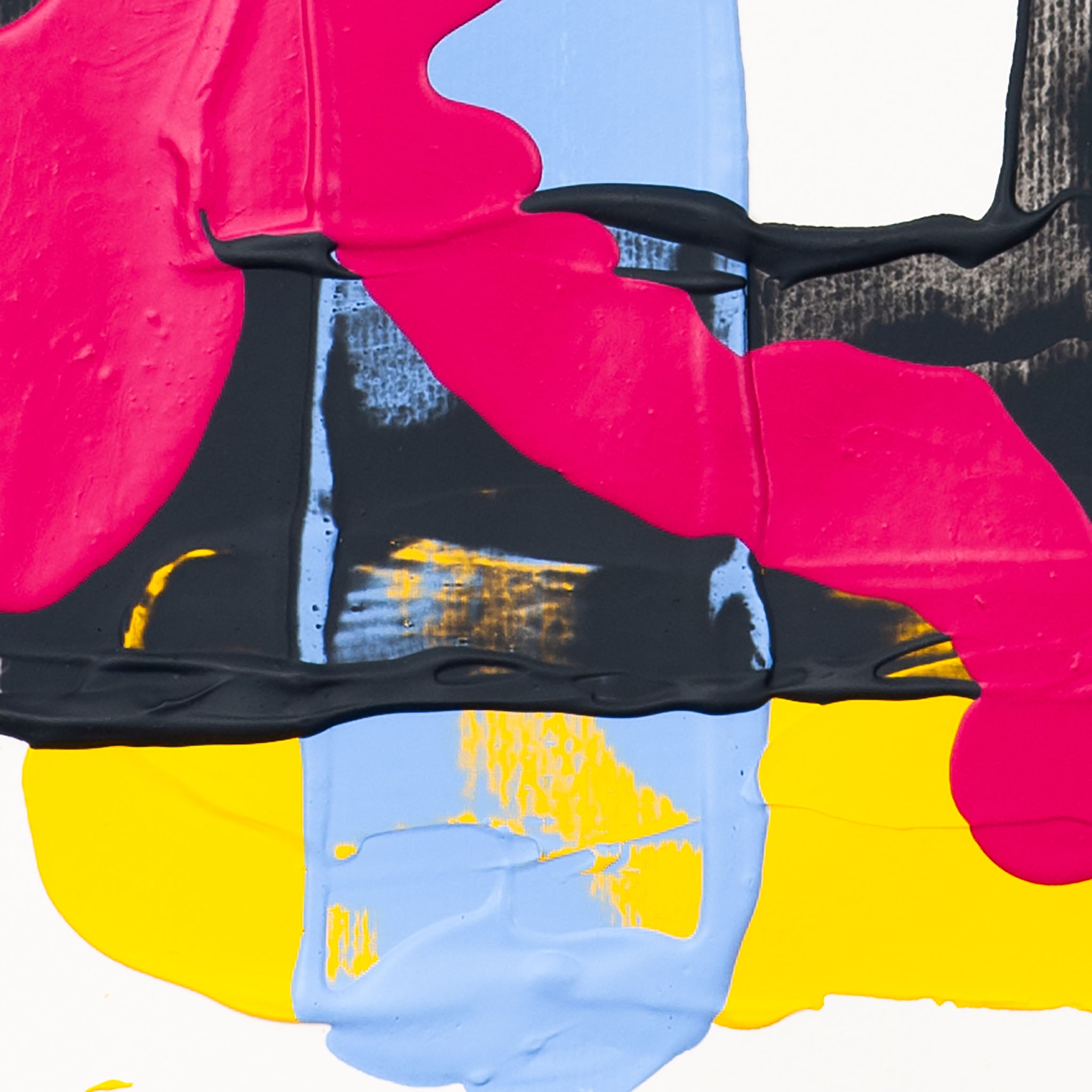Macro detail of abstract painting featuring layered pink, black and blue paint with visible texture