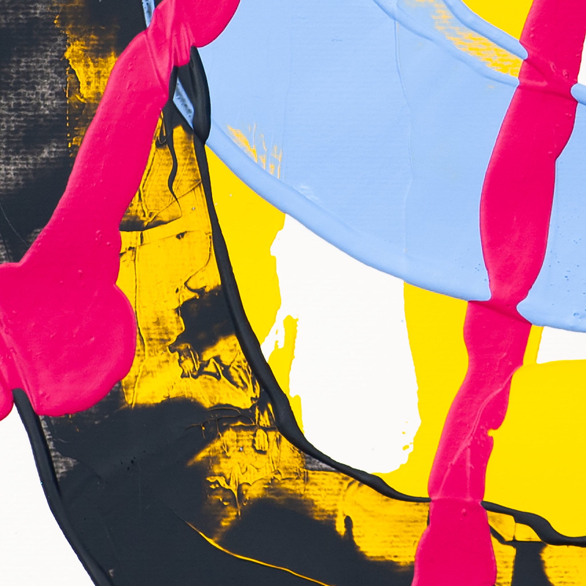 Close-up of abstract artwork with thick pink brushstrokes over blue and black paint with yellow accents