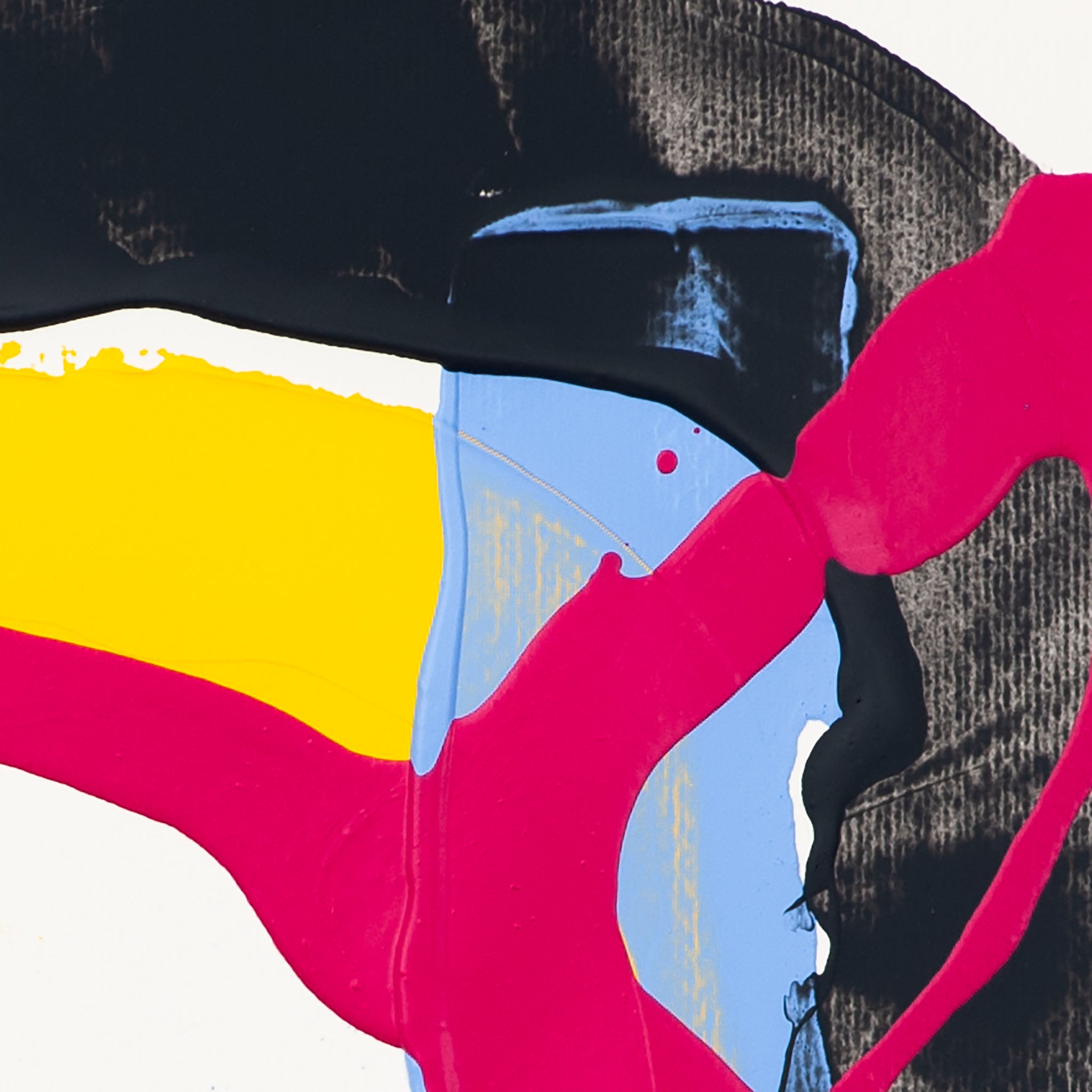 Close-up of abstract artwork with thick pink paint over blue and black layers with yellow accents