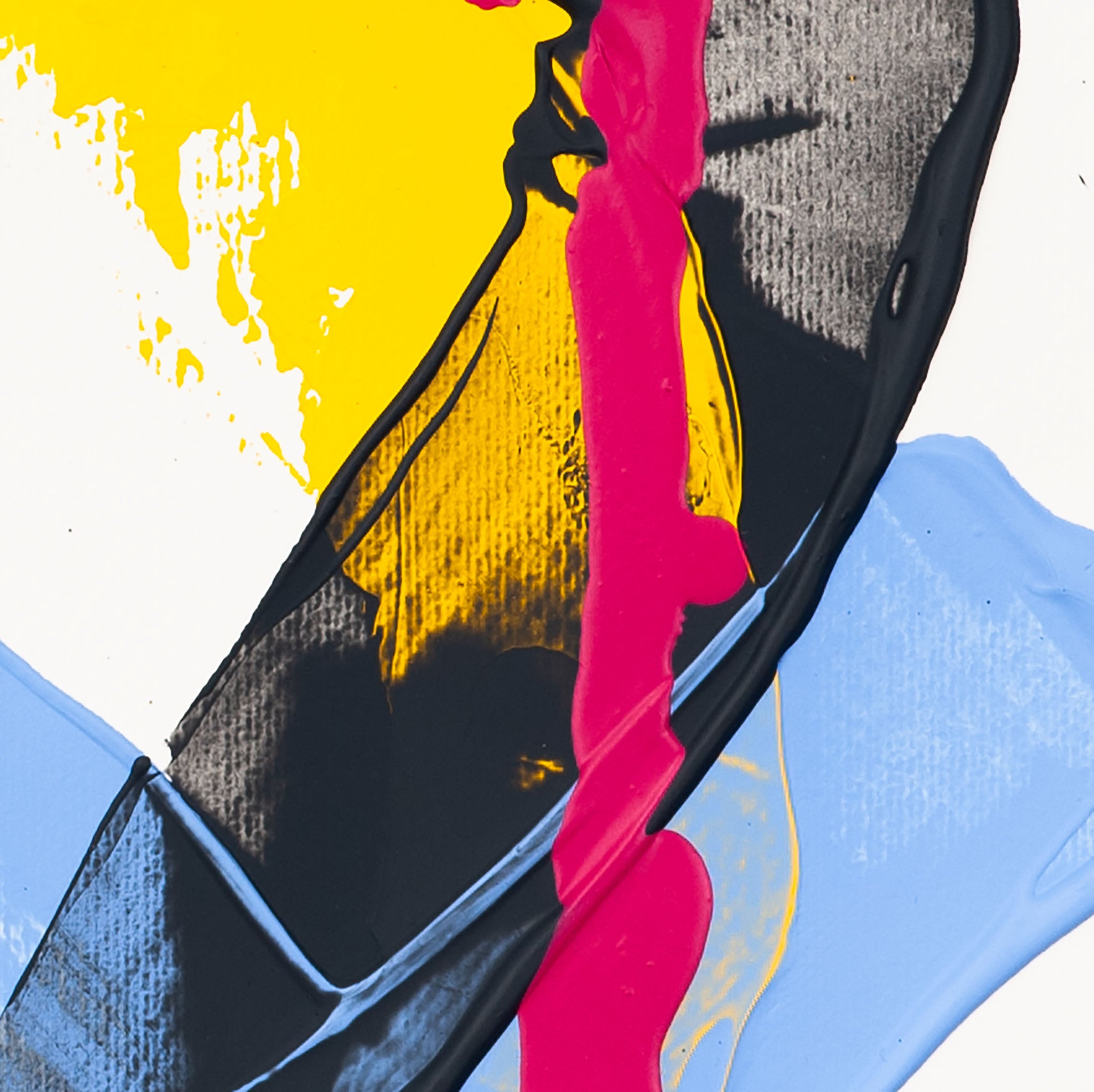 Close-up of abstract painting with pink vertical stroke, black textured surface, and yellow and blue areas