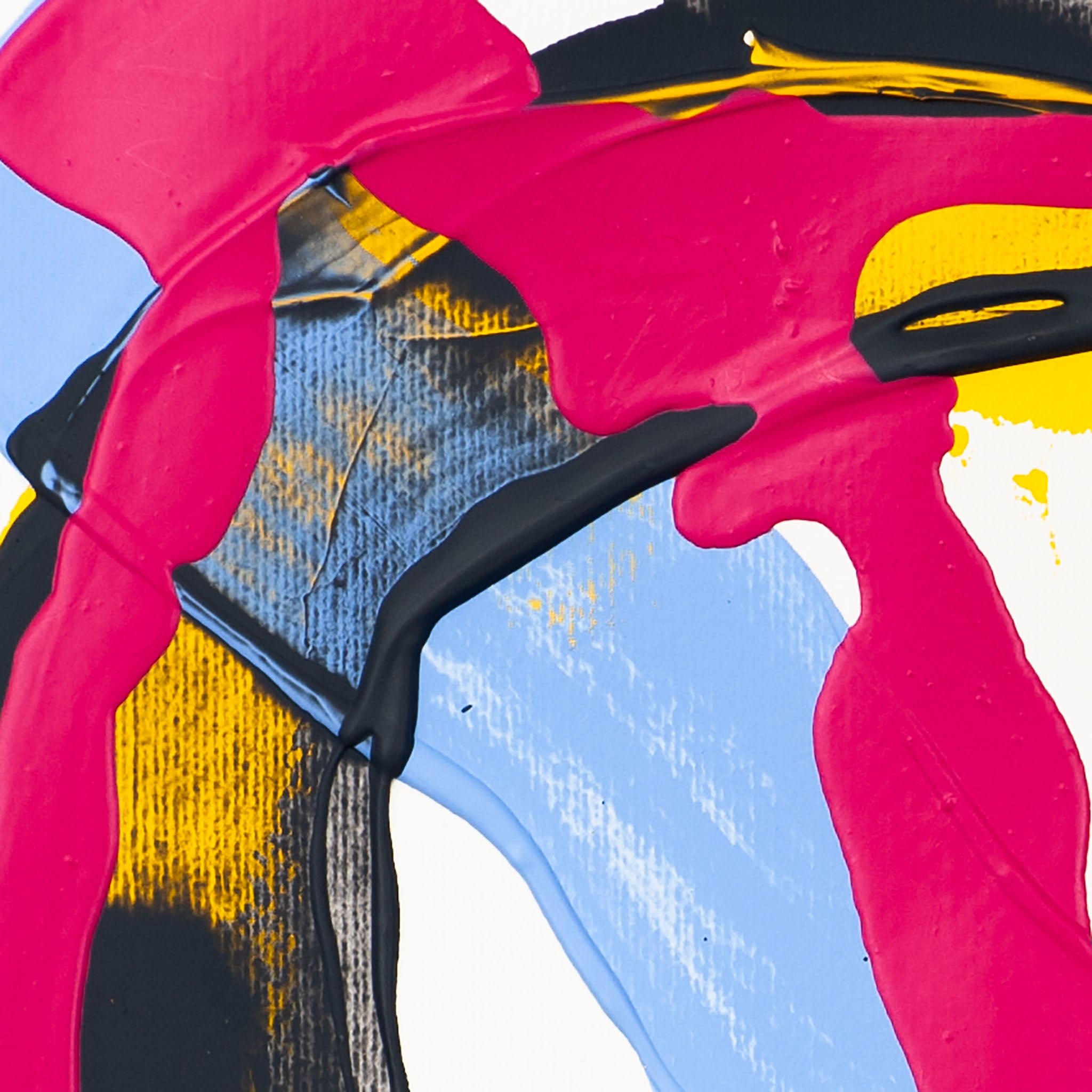 Detail of abstract painting featuring intersecting pink lines over black and blue layers with yellow highlights