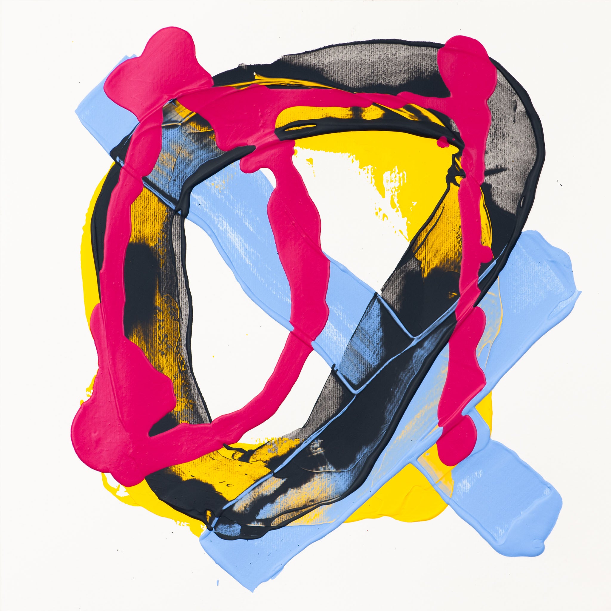 Original abstract painting with bold pink lines over black and blue forms, layered on a yellow and white background