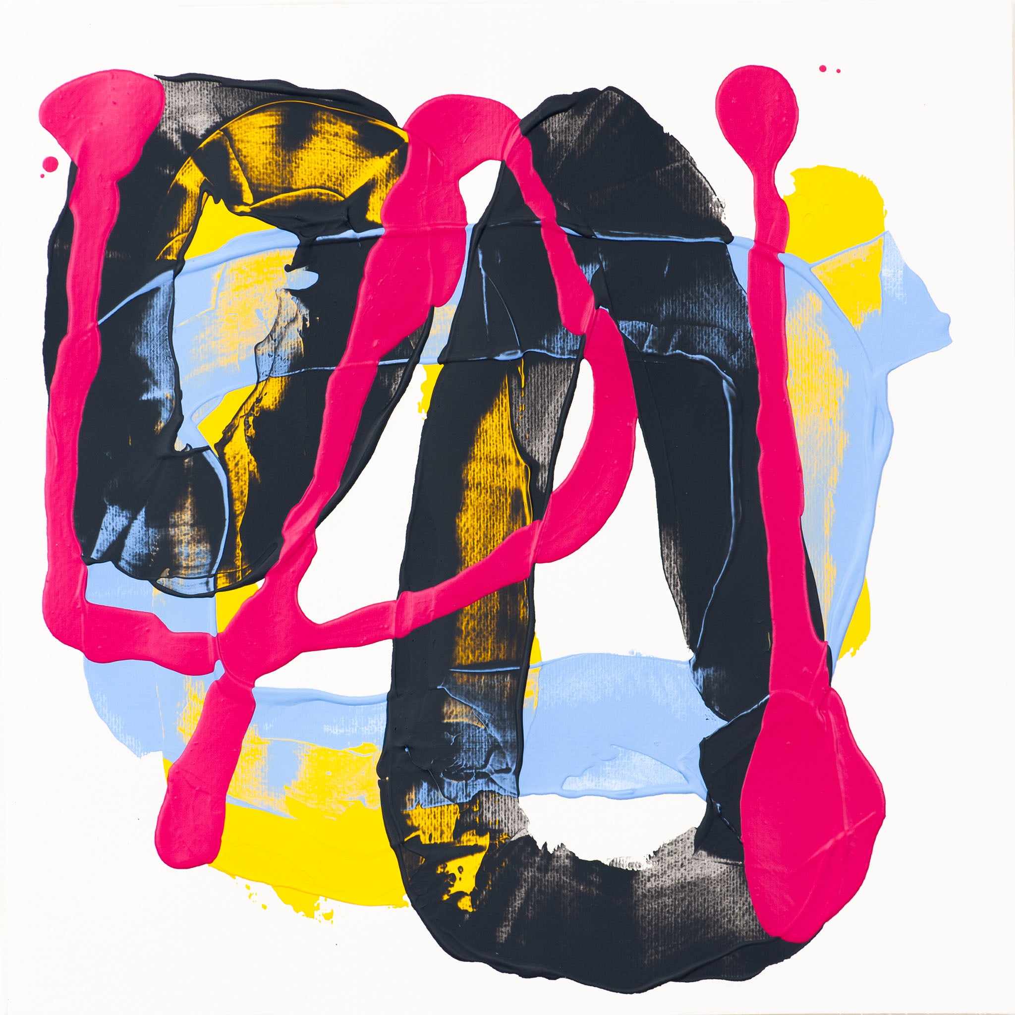 Original abstract painting with bold pink lines over black textured forms, layered with blue and yellow on a white background