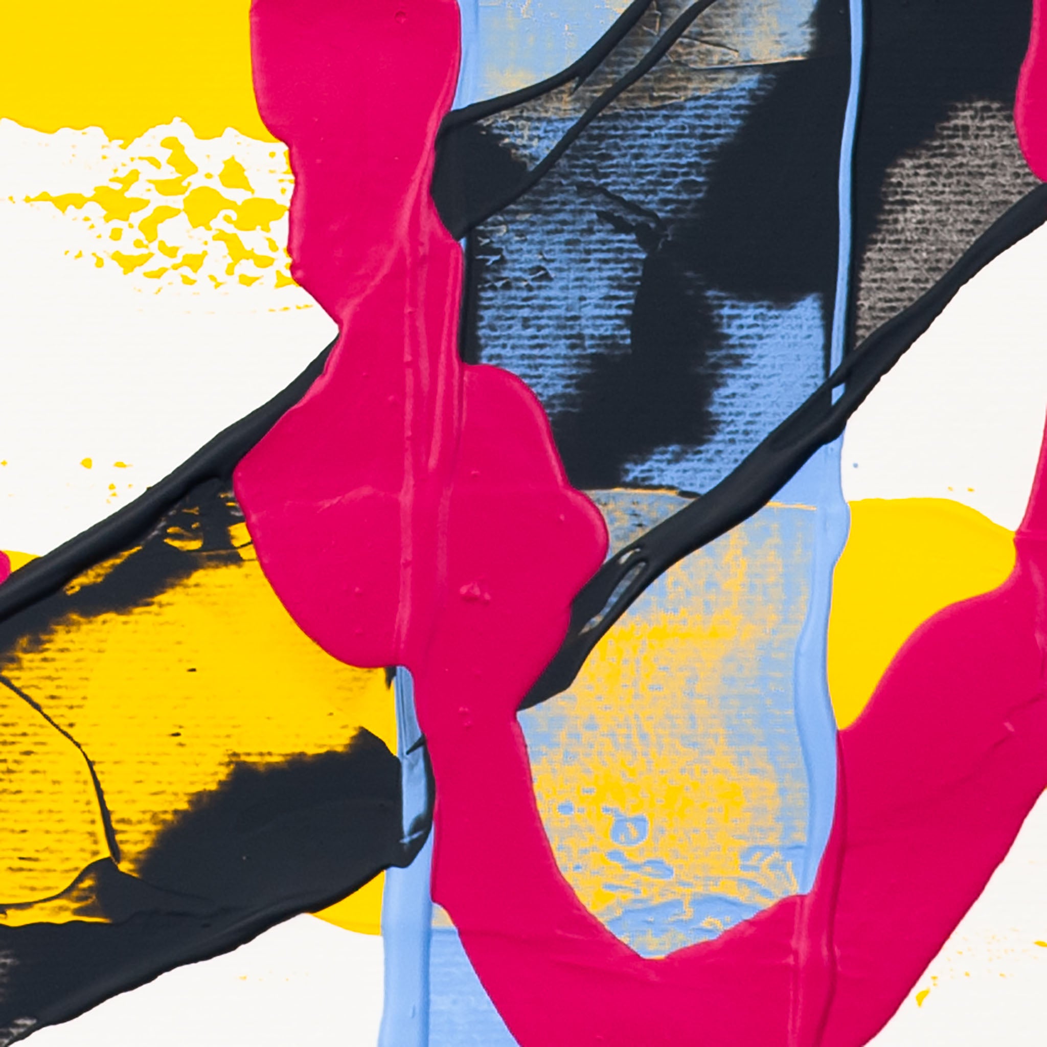 Close-up of abstract painting showing vertical pink paint drip crossing over light blue band and textured black stroke