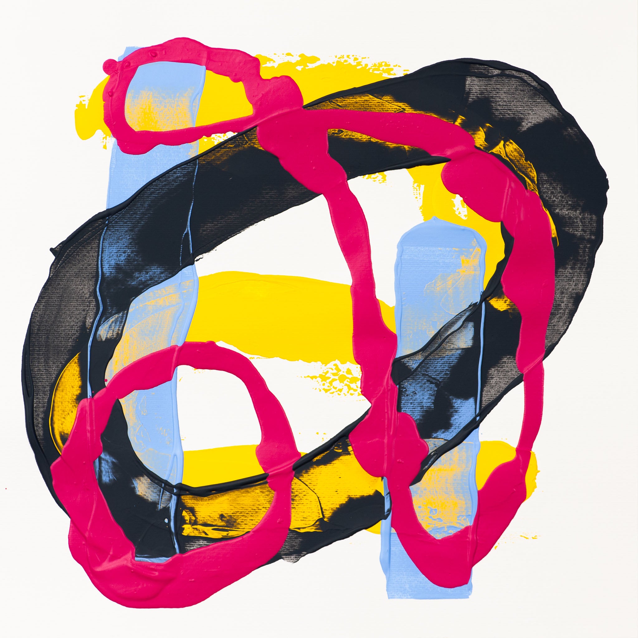 Original abstract painting featuring multiple looping pink forms layered over a sweeping black gesture with yellow and blue shapes on a white background