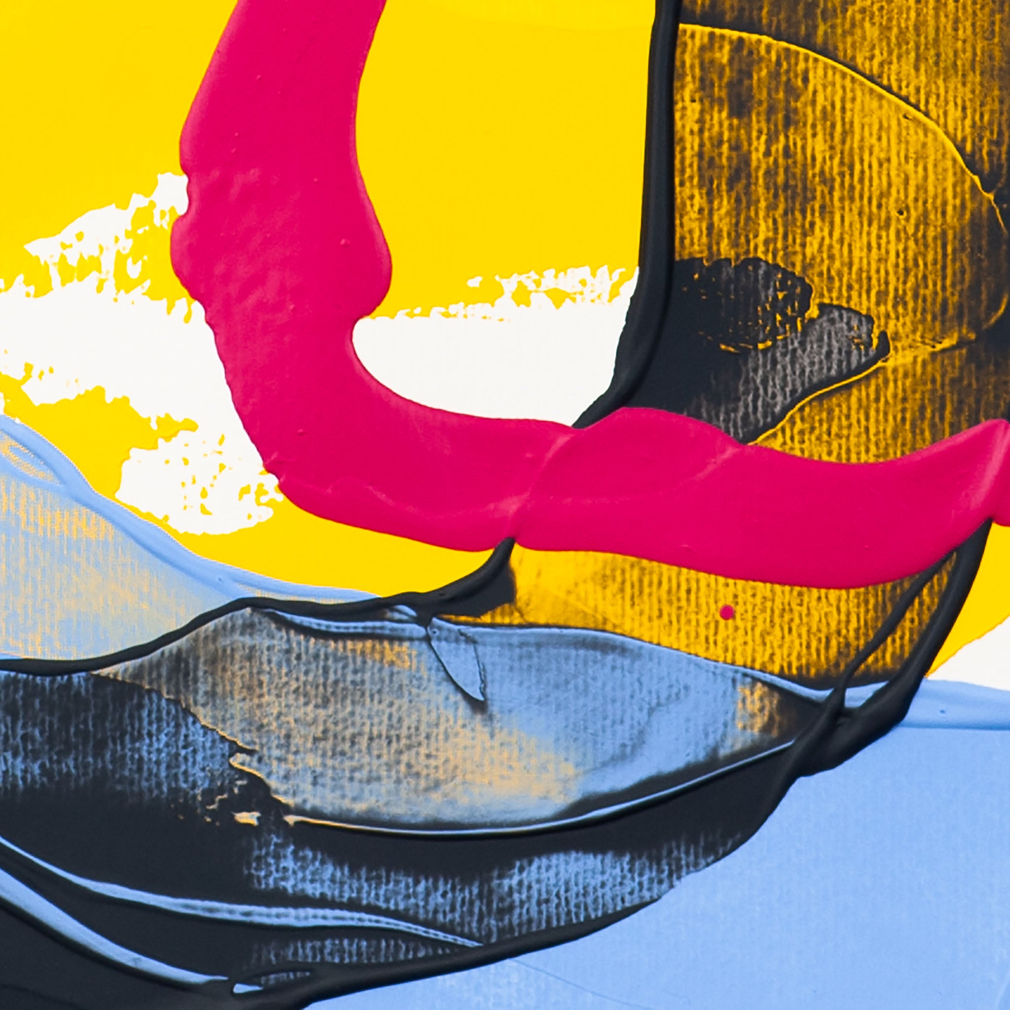 Detail of abstract painting with pink stroke over black textured surface, with yellow and soft blue layers
