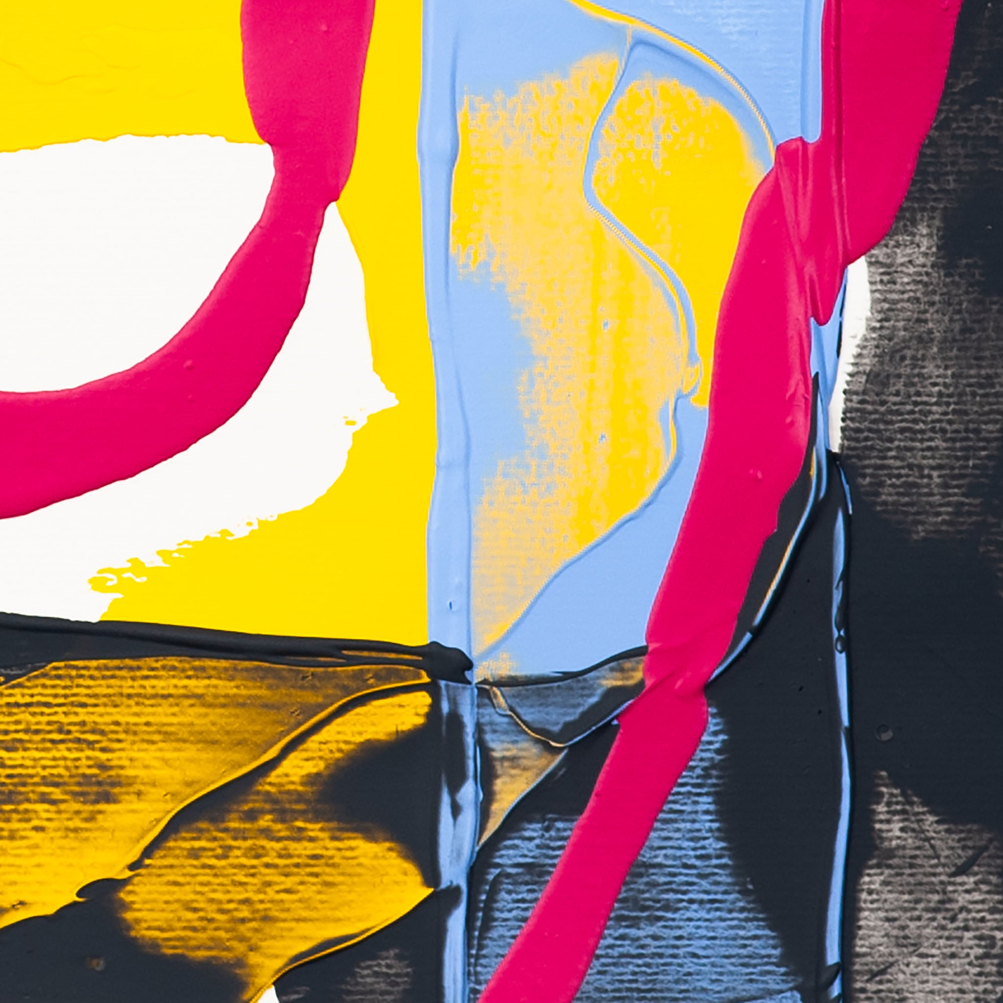 Close-up of abstract painting showing blue vertical band blending into yellow with pink stroke and black textured edges
