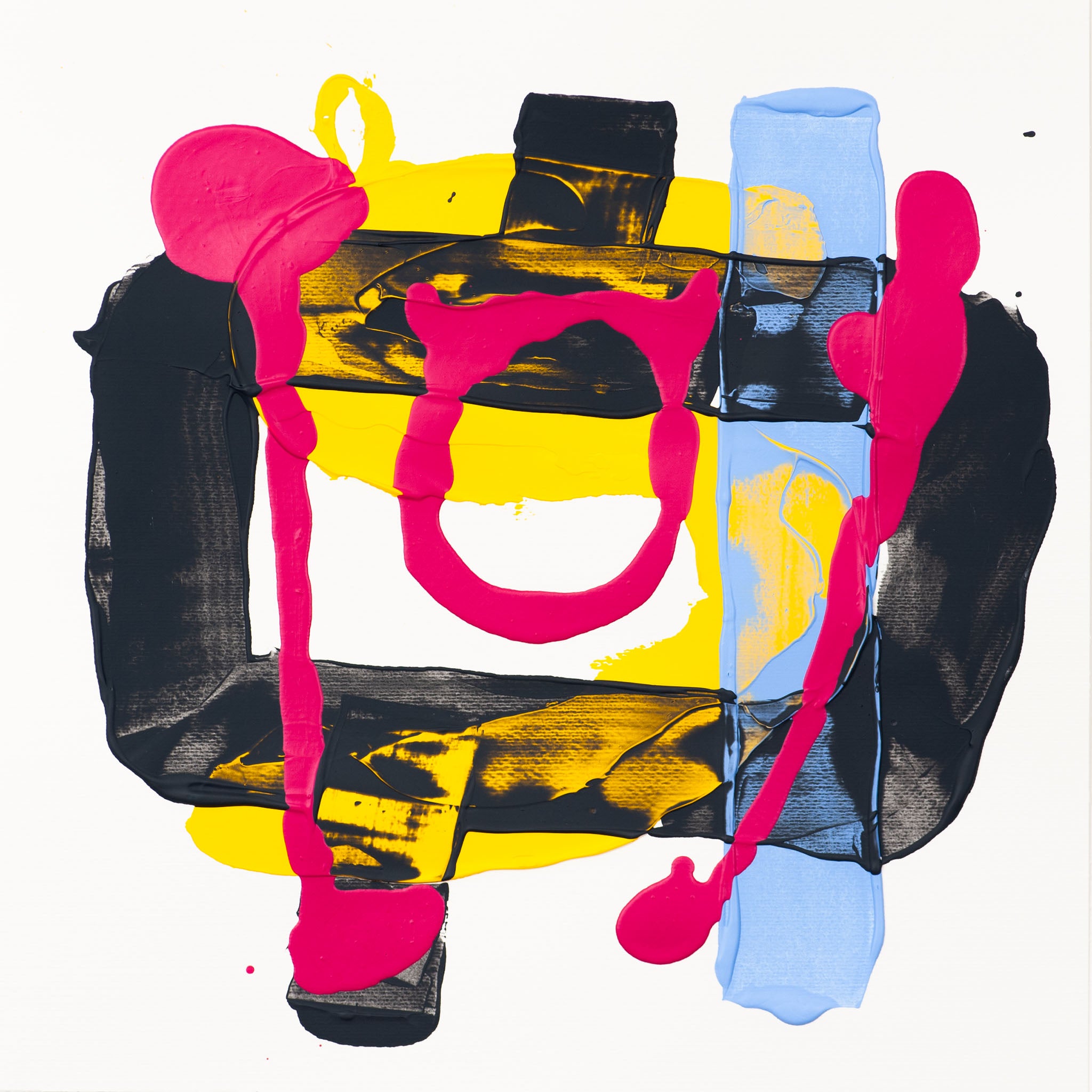 Original abstract painting with pink looped structure over layered black forms, with yellow field and blue vertical band on a white background