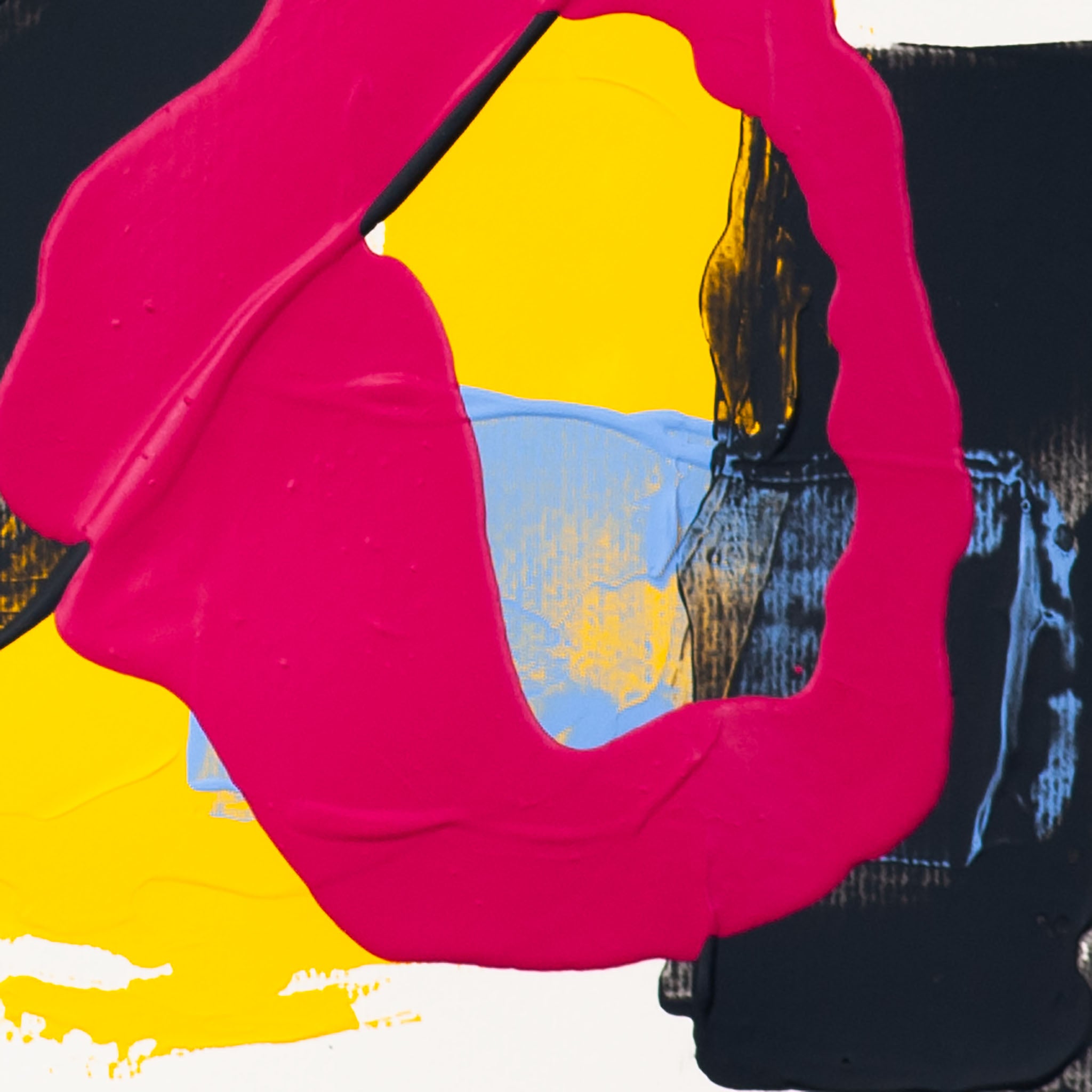 Close-up of abstract painting showing thick pink loop over black textured surface with yellow background and blue paint beneath