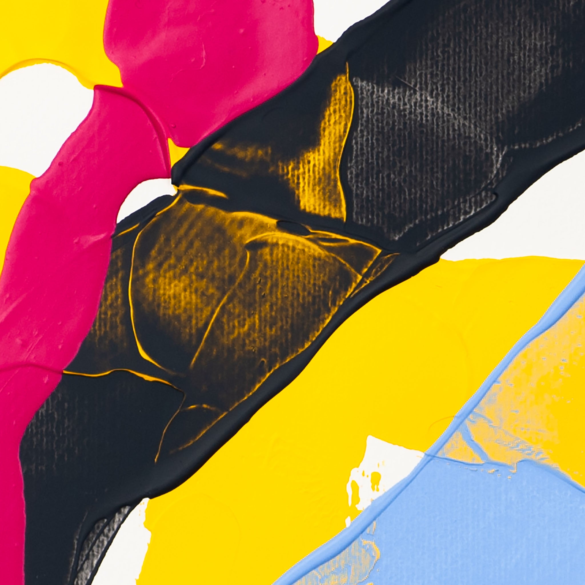 Close-up of abstract painting featuring black textured form with yellow paint beneath and adjacent blue stroke with pink edge