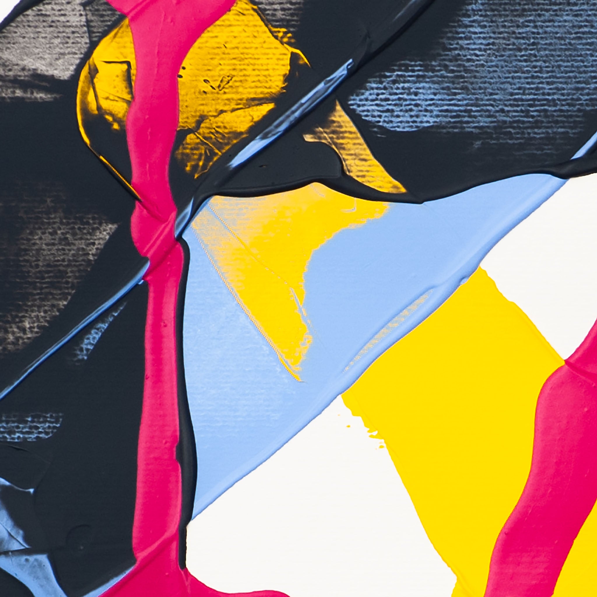 Detail of abstract painting with pink vertical line crossing diagonal blue form over layered yellow and black textures