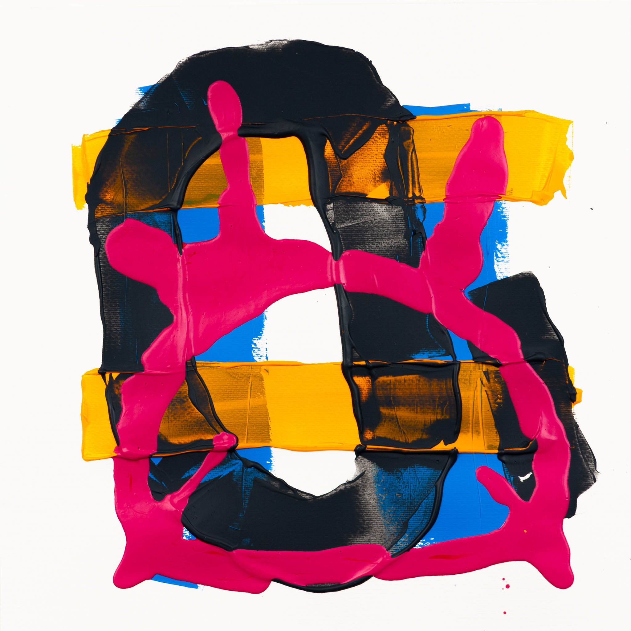 Abstract painting with pink gestural forms, black layered textures, yellow horizontal bands, and blue accents on white paper.