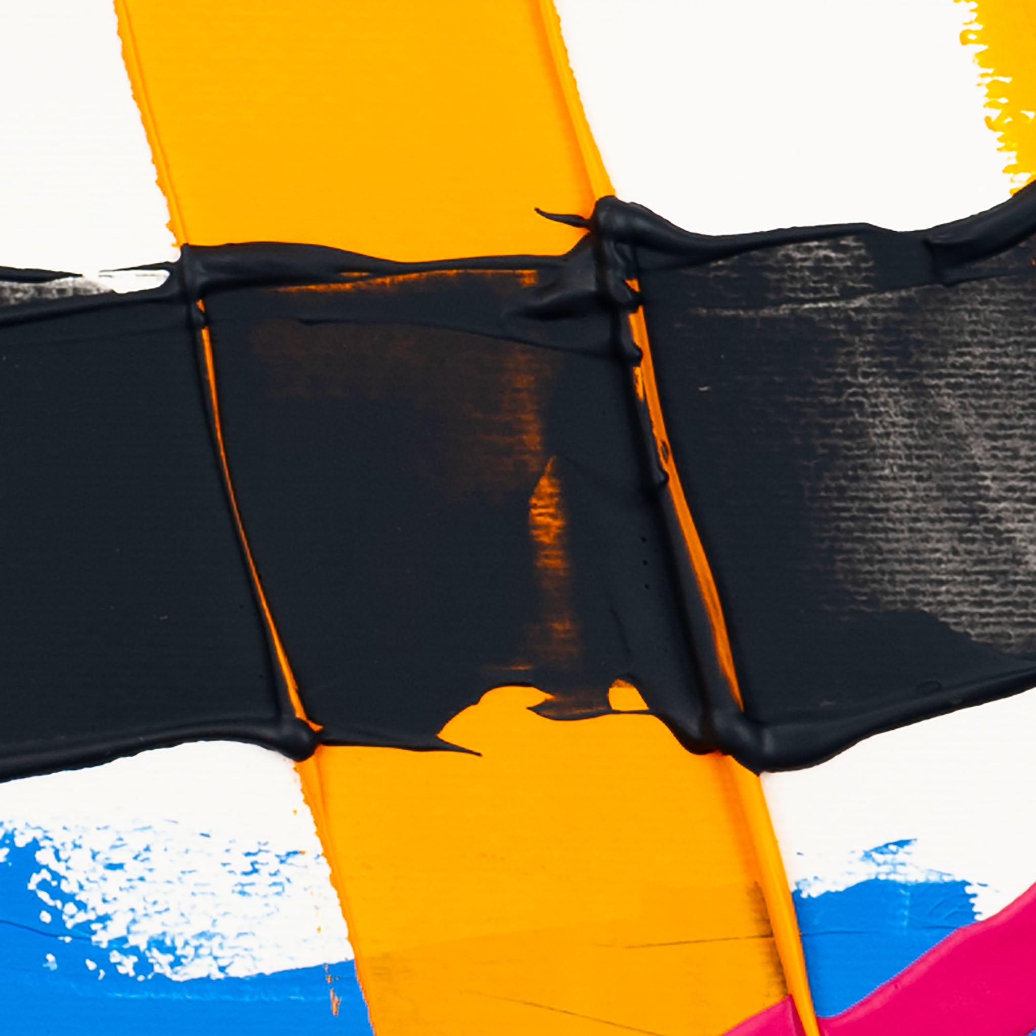 Abstract painting with matte pink gestural forms, dark grey layered textures, yellow geometric sections, and blue accents on white paper.