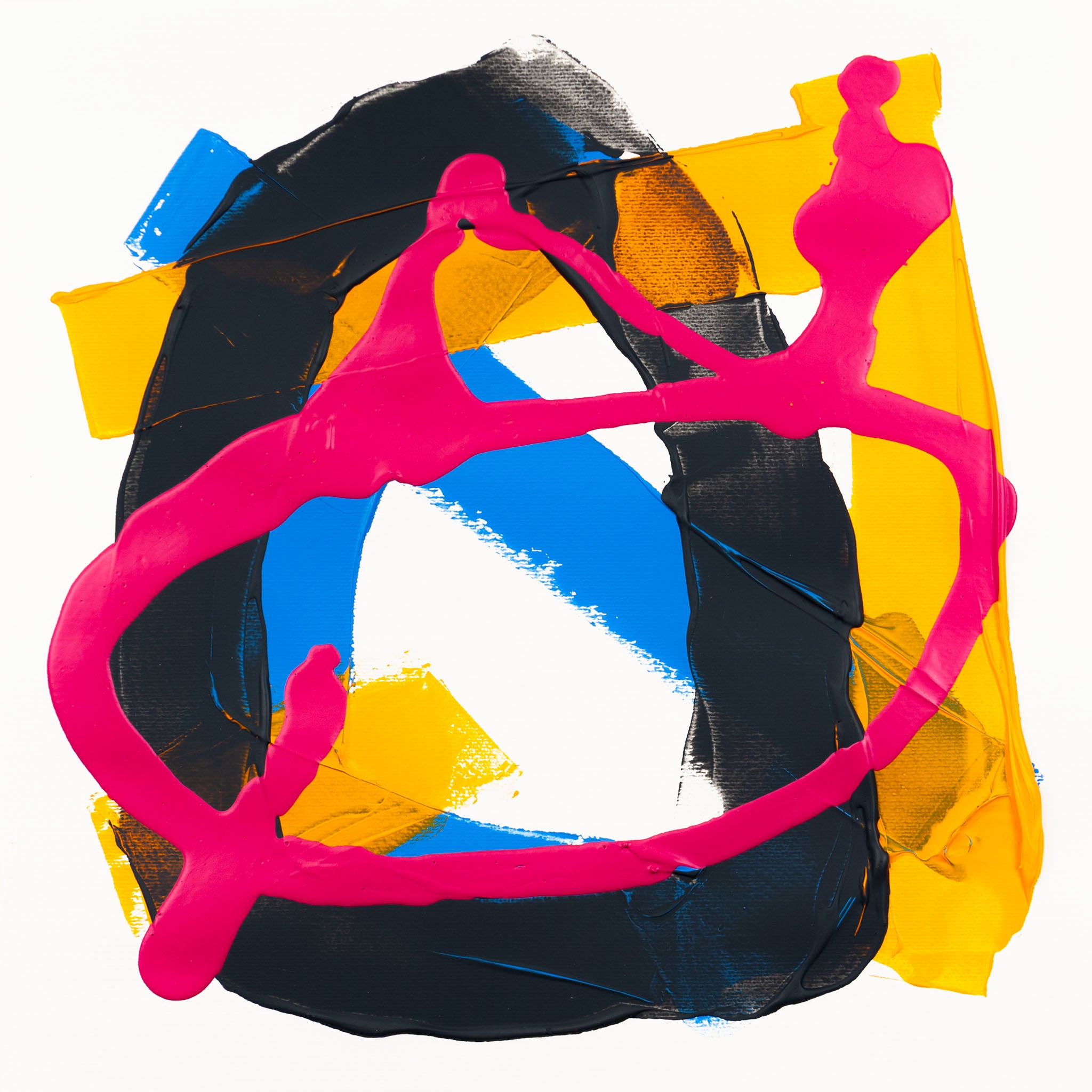 Abstract painting with matte pink gestural forms, dark grey layered textures, yellow geometric sections, and blue accents on white paper.