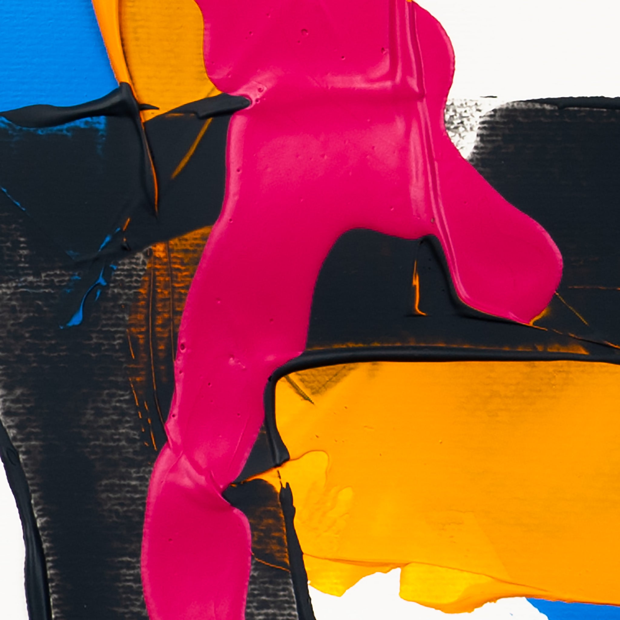 Close-up of matte pink acrylic paint layered over dark grey textured forms with yellow and blue sections on white paper.