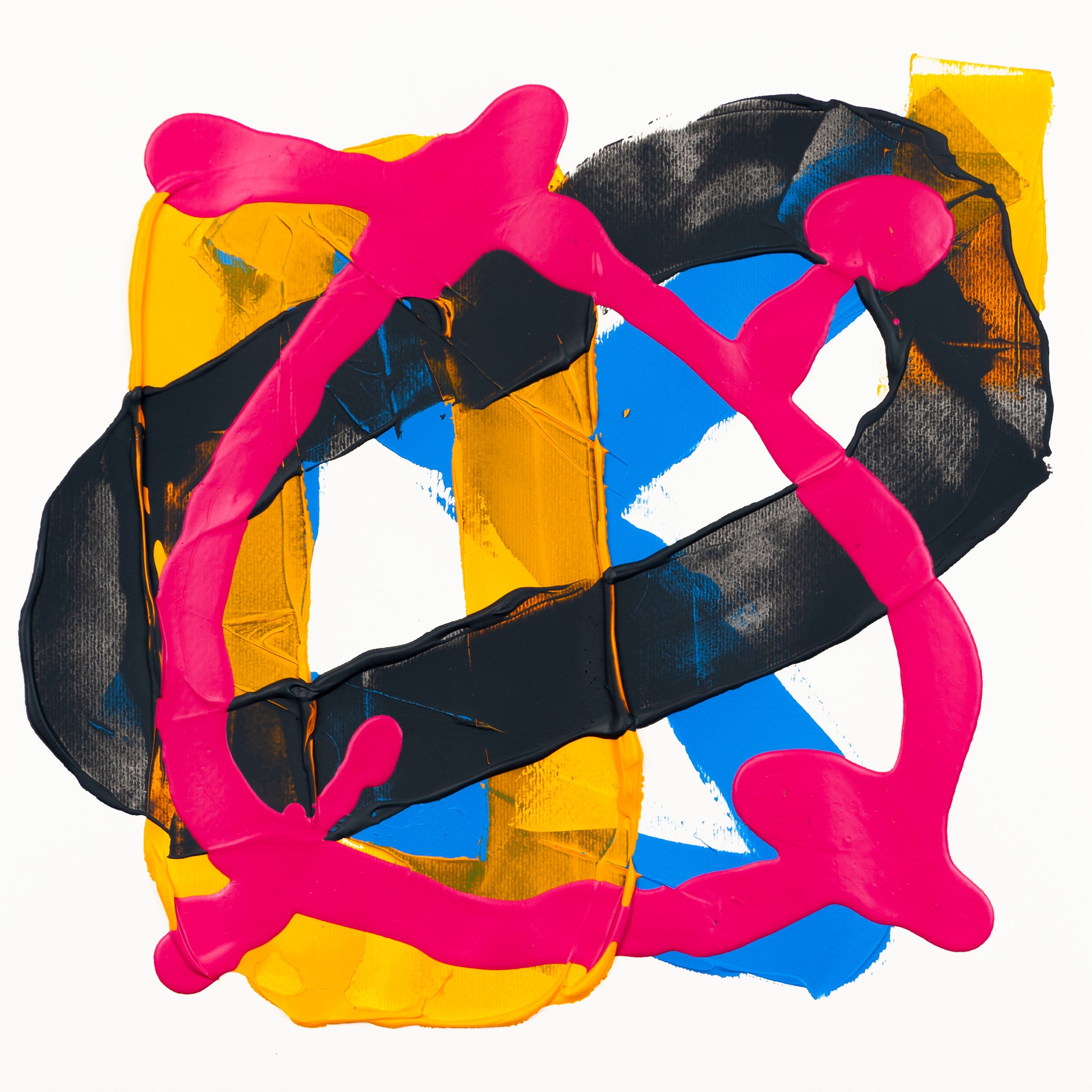 Abstract painting with matte pink gestural forms, dark grey layered textures, yellow geometric sections, and blue accents on white paper.