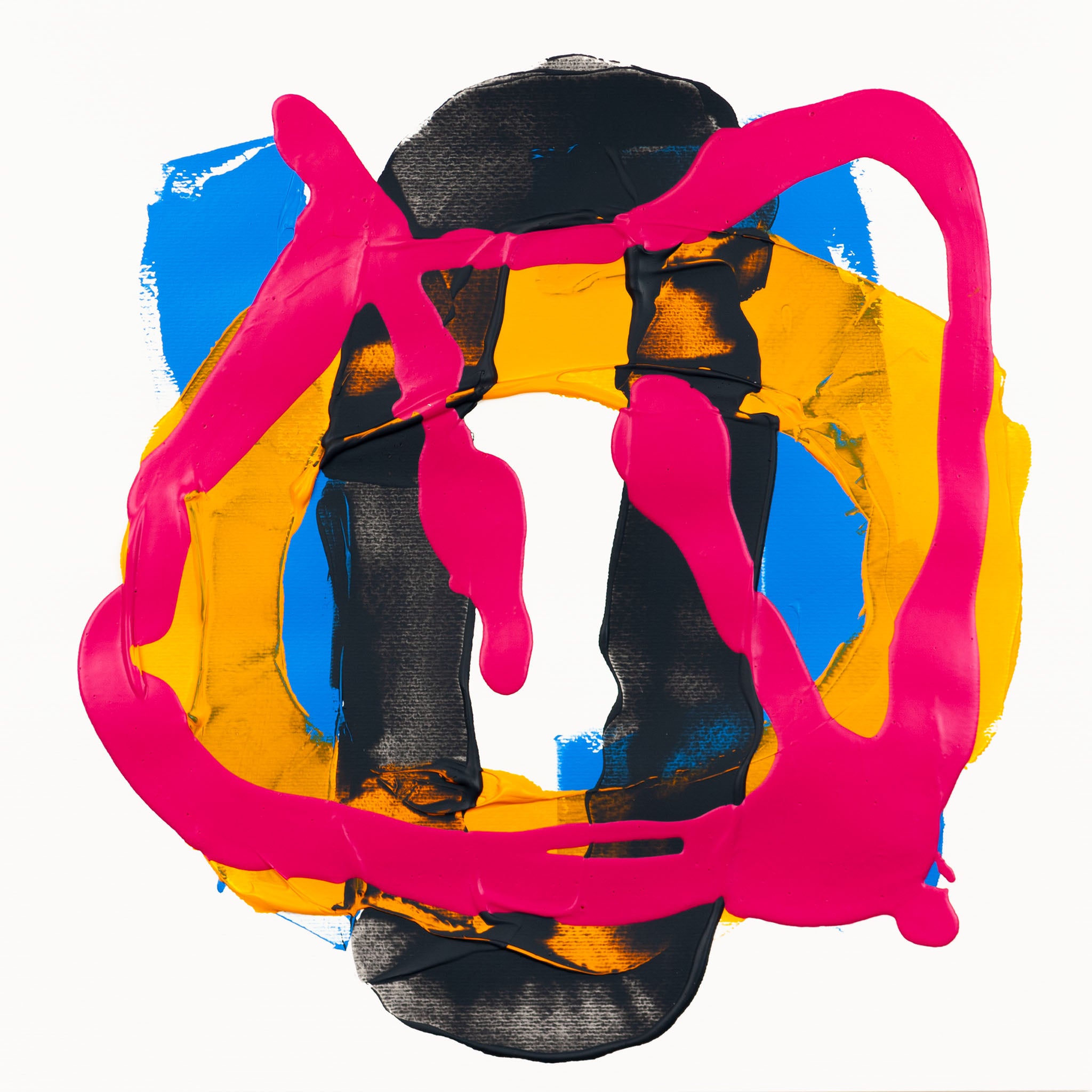 Abstract painting with matte pink gestural forms, dark grey layered textures, yellow geometric sections, and blue accents on white paper.