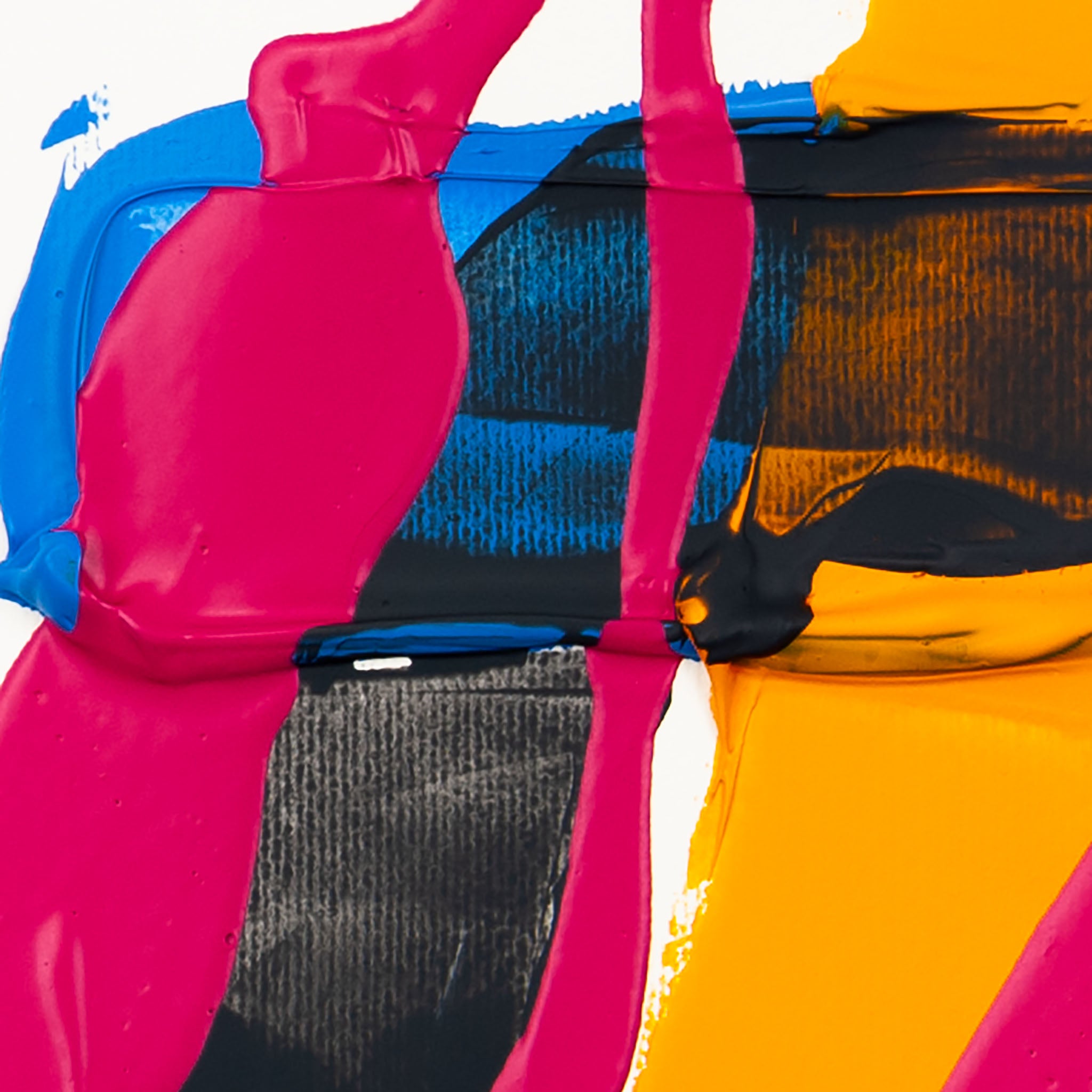 Close-up abstract detail featuring fluorescent pink paint layered over dark grey, yellow, and vivid blue acrylic textures on a white background, highlighting thick texture, sharp contrasts, and geometric composition.