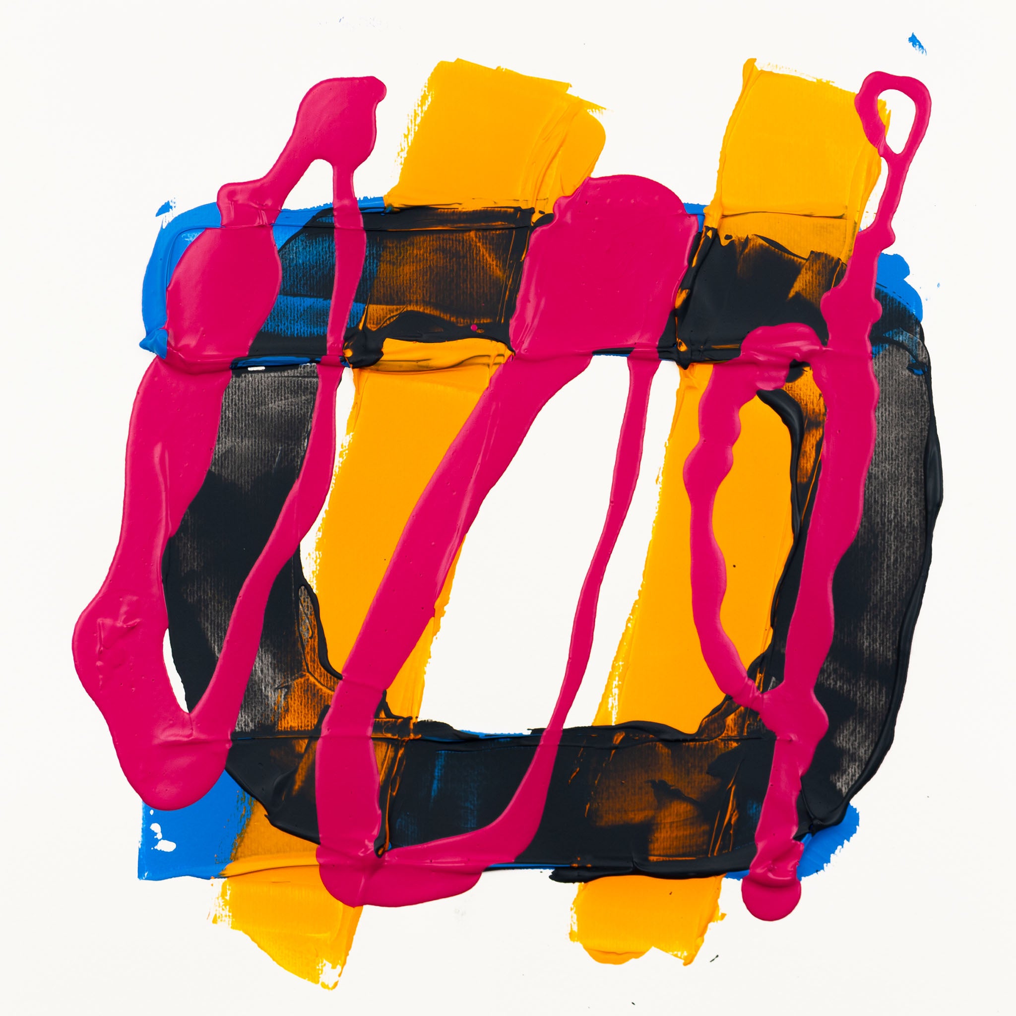 Minimal abstract composition featuring fluorescent pink vertical gestures layered over dark grey, yellow, and blue acrylic textures on a white background, creating strong contrast and rhythmic movement.