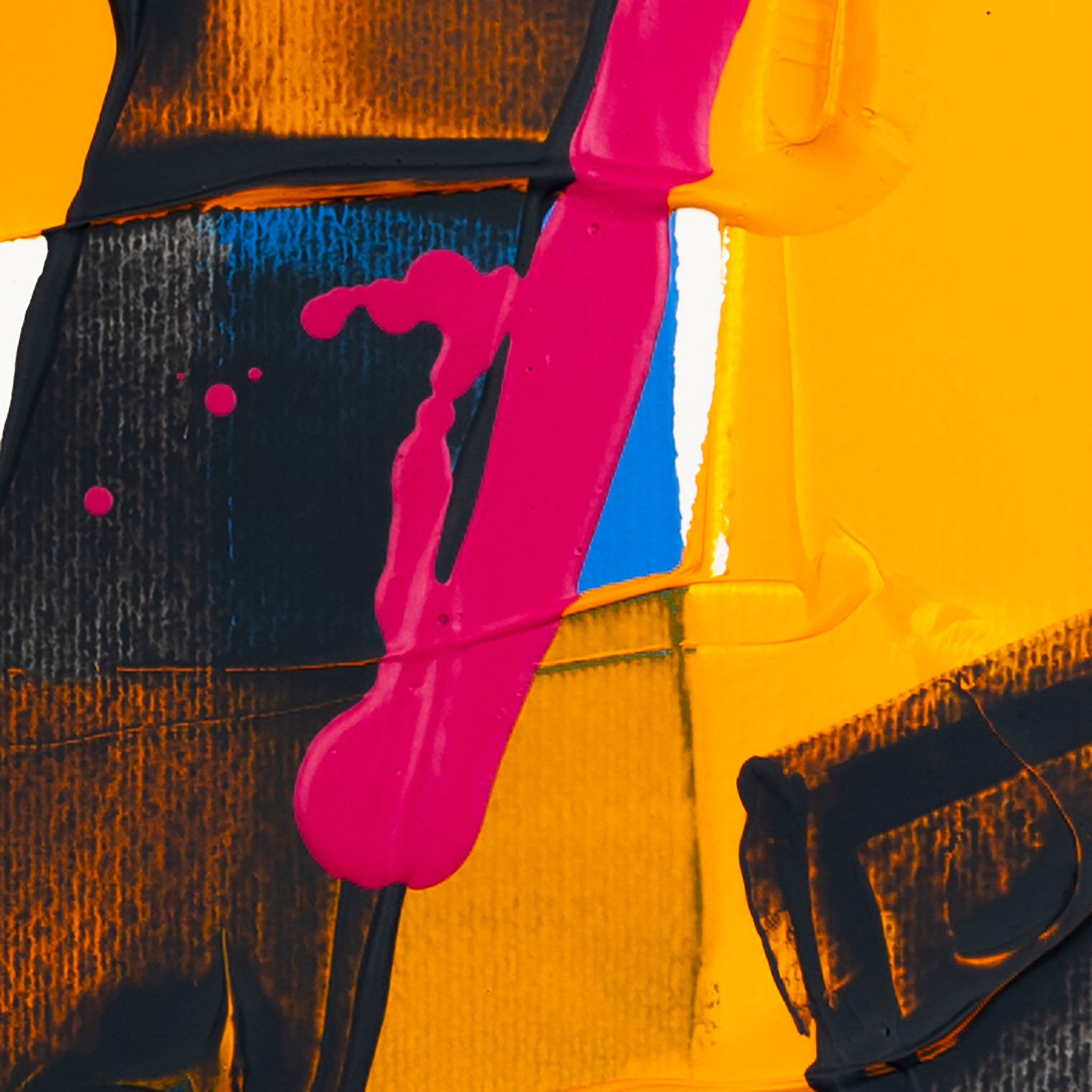 Macro detail of glossy fluorescent pink paint dripping over layered black and luminous yellow acrylic textures, with subtle electric-blue accents and visible squeegee marks creating strong contrast against a clean white background.