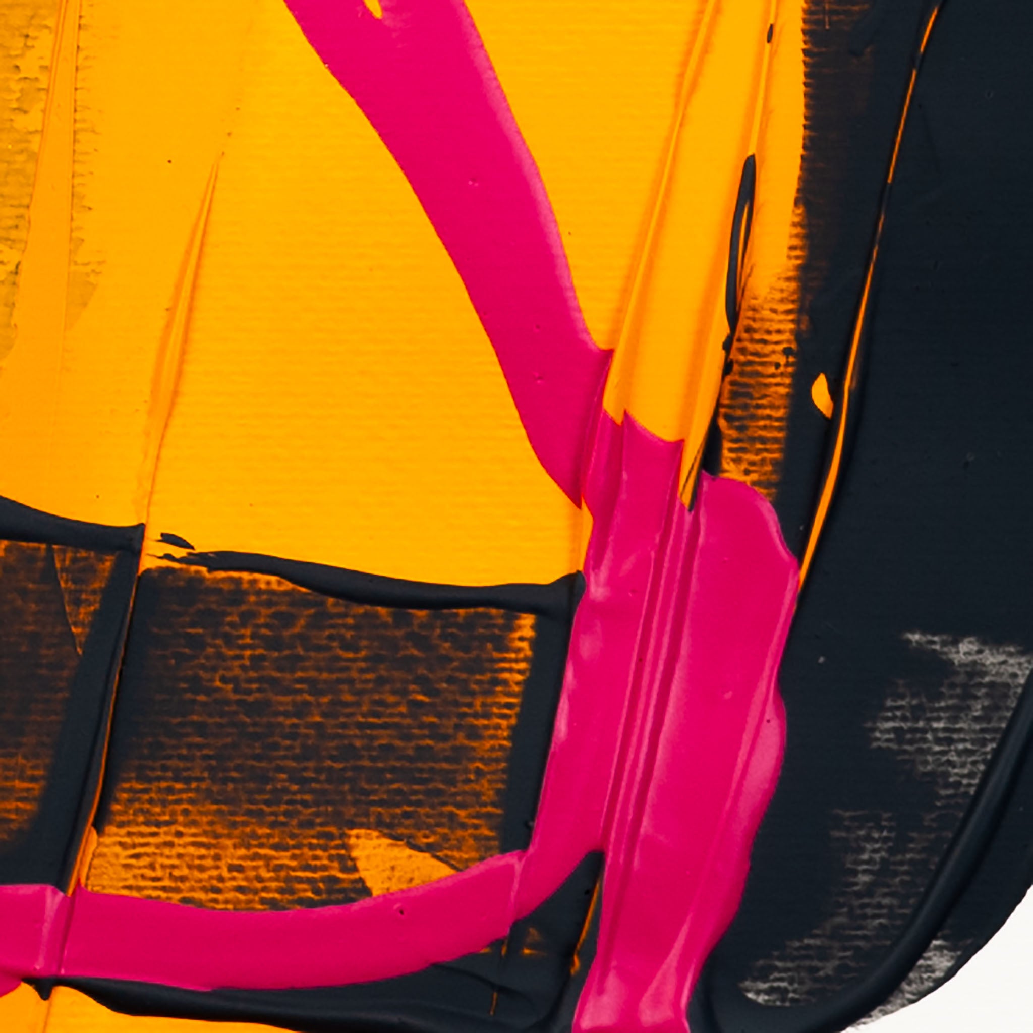 Close-up abstract detail featuring glossy fluorescent pink acrylic strokes layered over rich golden-yellow and deep black textured paint, with sharp contrast, visible scraper textures, and bold geometric movement on a clean white background.