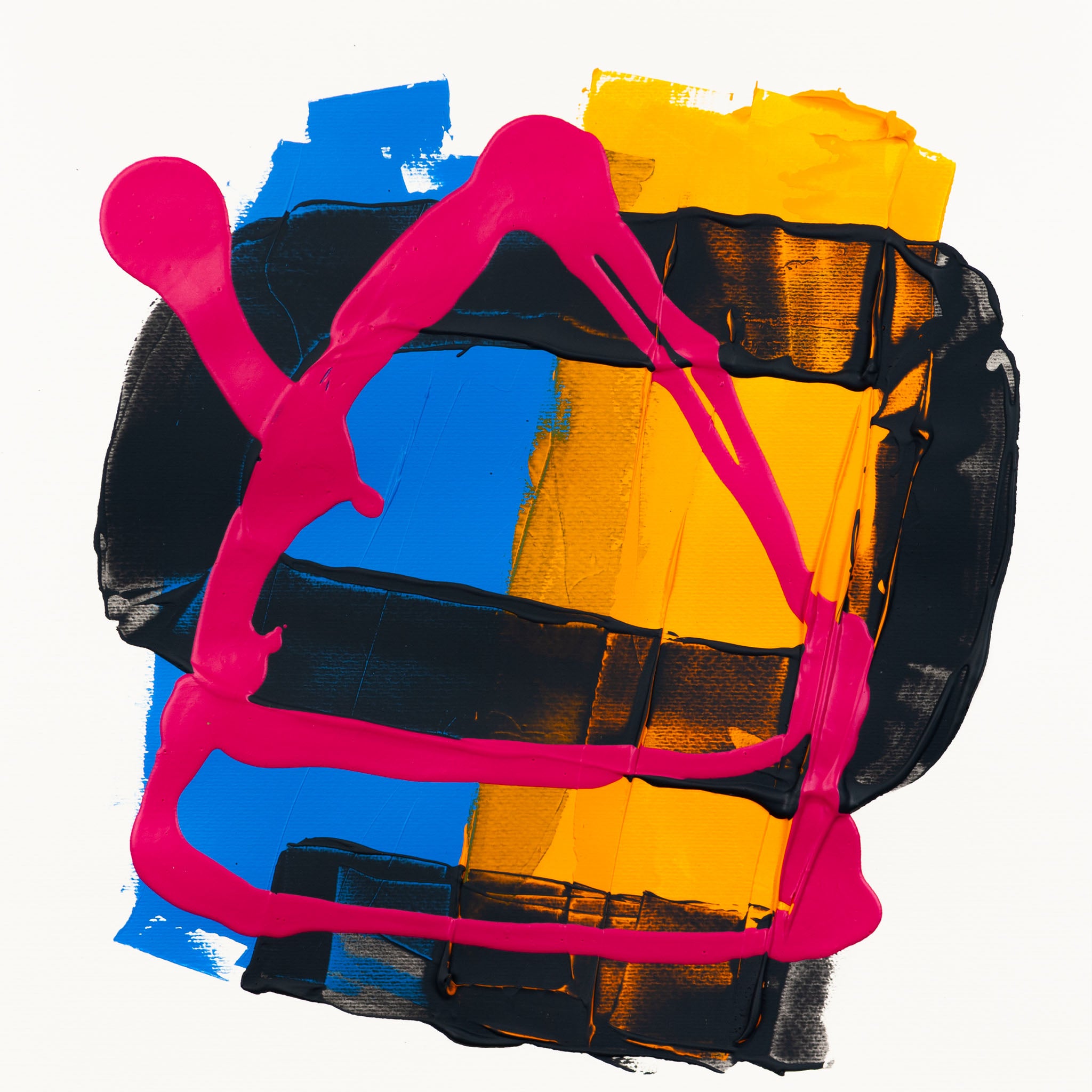 Bold abstract composition featuring fluorescent pink gestural lines layered over textured black, vivid cobalt blue, and rich yellow acrylic blocks, creating a striking geometric balance on a crisp white background.