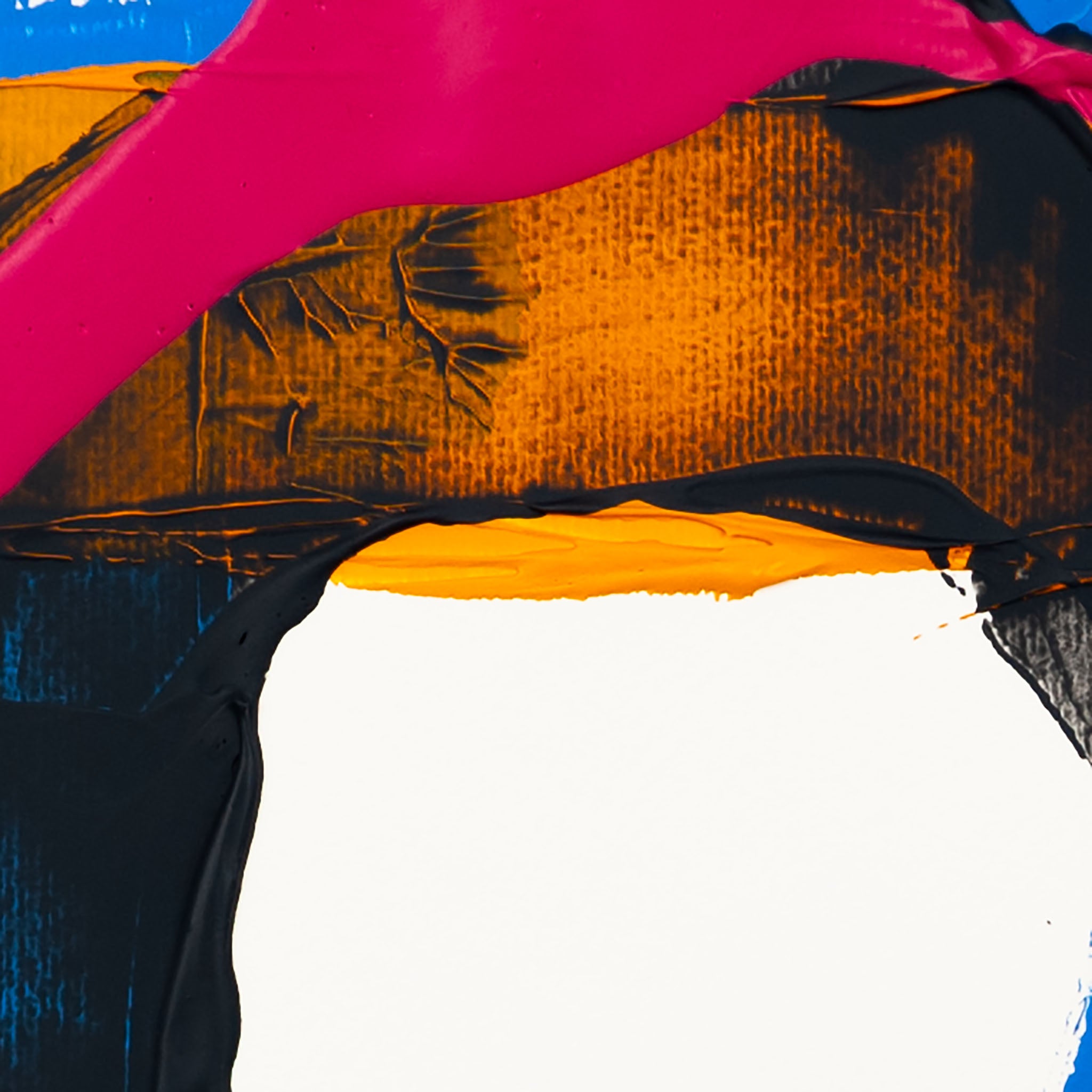 Macro detail of layered abstract acrylic painting featuring vivid fluorescent pink sweeping across textured black and deep cobalt-blue brushwork, contrasted with luminous golden-yellow paint and sharp palette-knife edges on a clean white background.