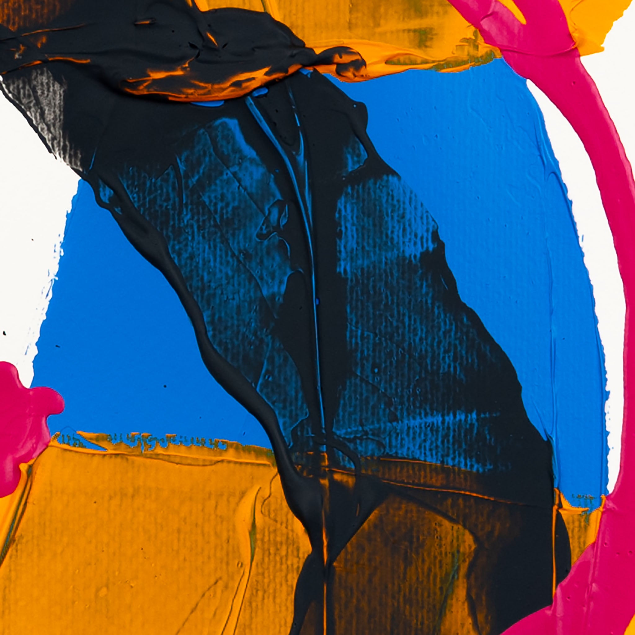 Close-up detail of contemporary abstract acrylic painting with bold cobalt-blue and matte black layered textures intersected by fluorescent pink contours and rich golden-yellow strokes, creating strong contrast and depth against a white background.