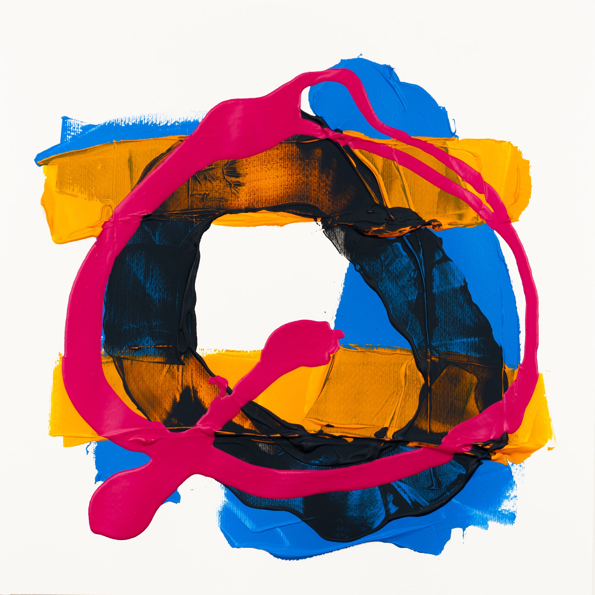 Bold abstract composition featuring sweeping fluorescent pink acrylic gestures layered over textured black forms with vivid cobalt-blue and rich yellow blocks, creating dynamic circular movement and strong contrast against a crisp white background.