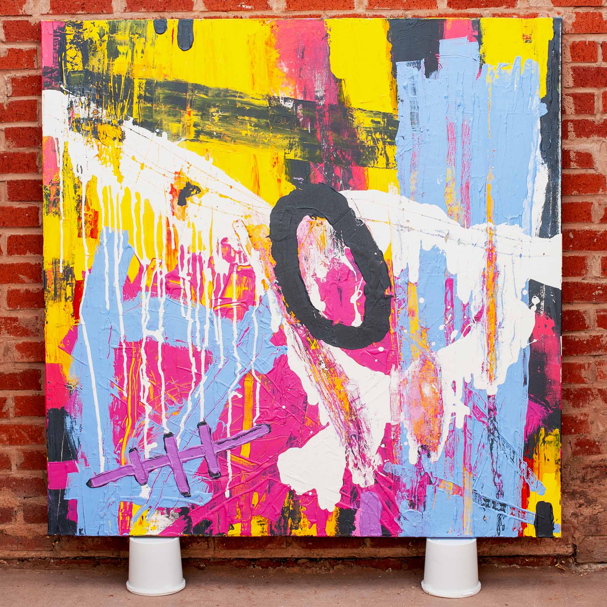 Original Abstract No. 2318 – large square acrylic painting in layered blue, pink, yellow, and white tones on linen