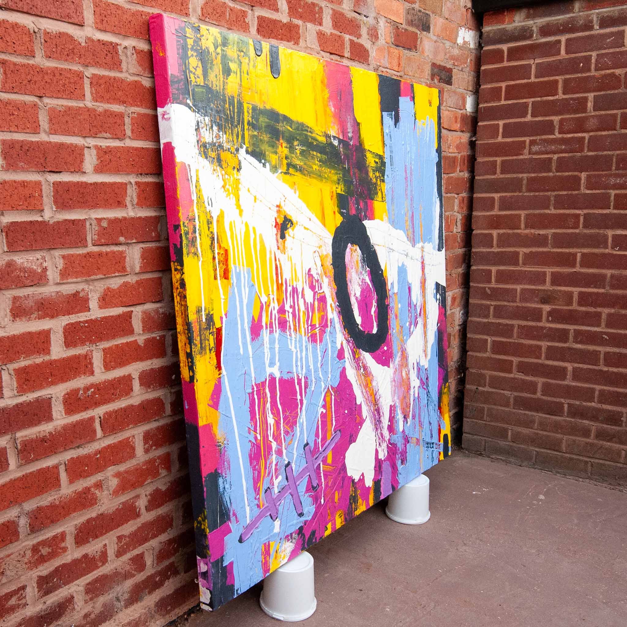 Side view of Original Abstract No. 2318 showing texture and matt finish on aluminium stretcher